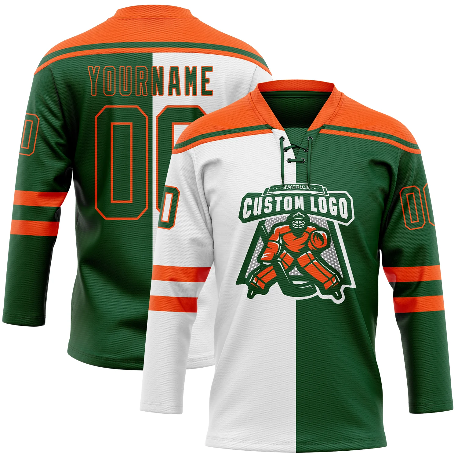 Custom Green Orange-White Split Fashion Hockey Lace Neck Jersey - Image 2