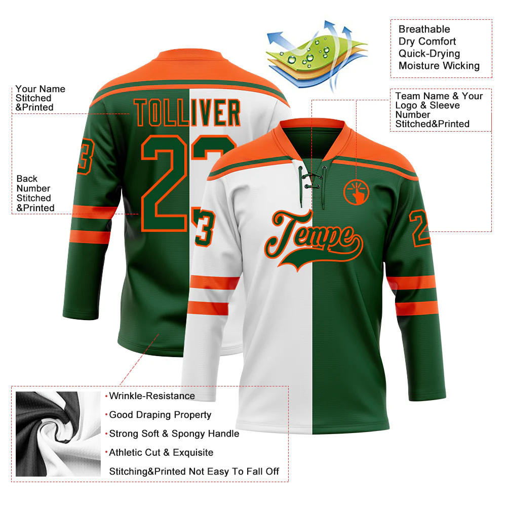 Custom Green Orange-White Split Fashion Hockey Lace Neck Jersey - Image 5