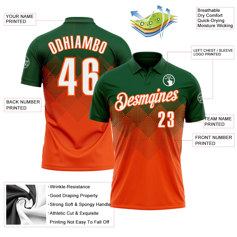 Custom Green White-Orange 3D Gradient Square Shape Performance Polo Shirt - Image 3