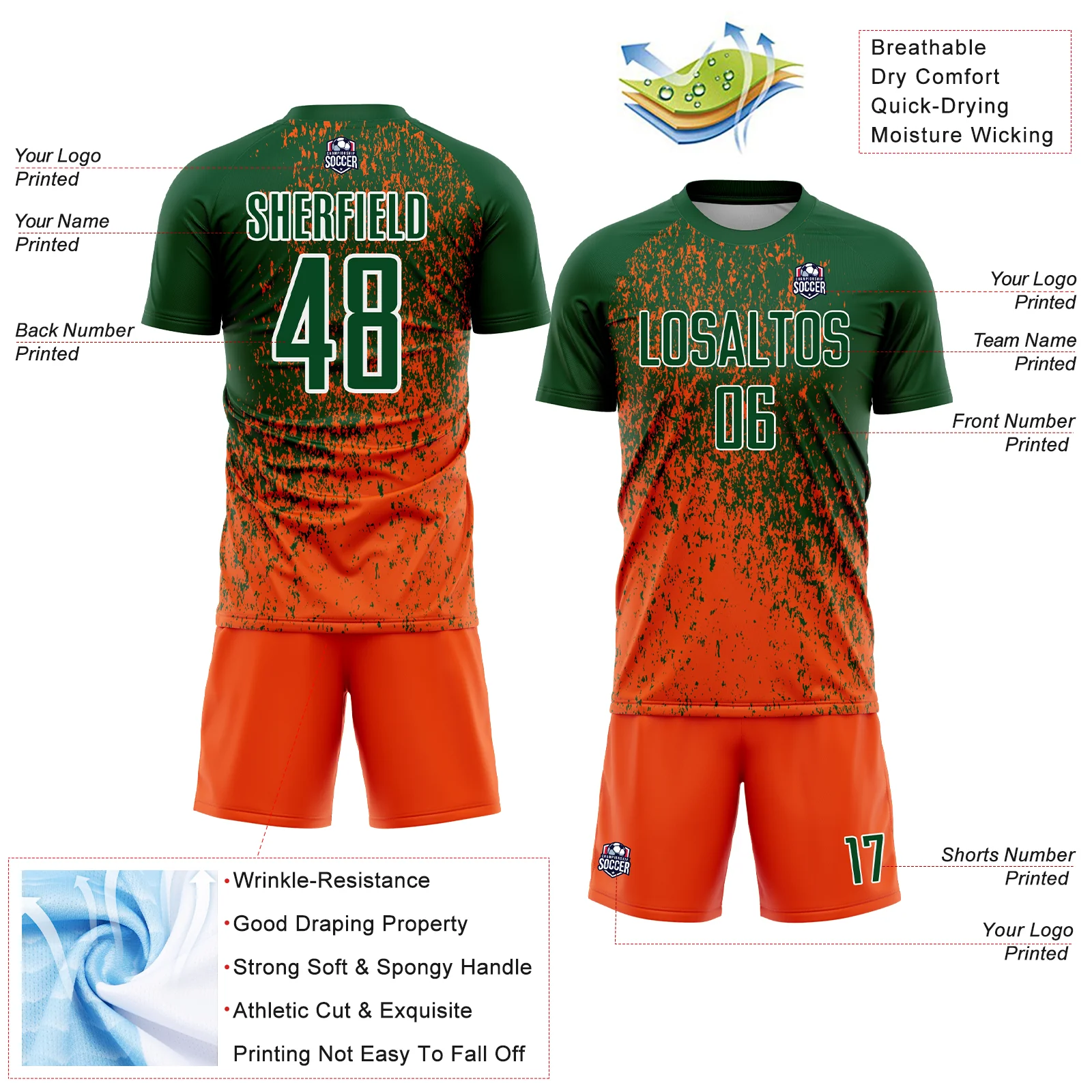 Custom Green Orange-White Abstract Fragment Art Sublimation Soccer Uniform Jersey - Image 4