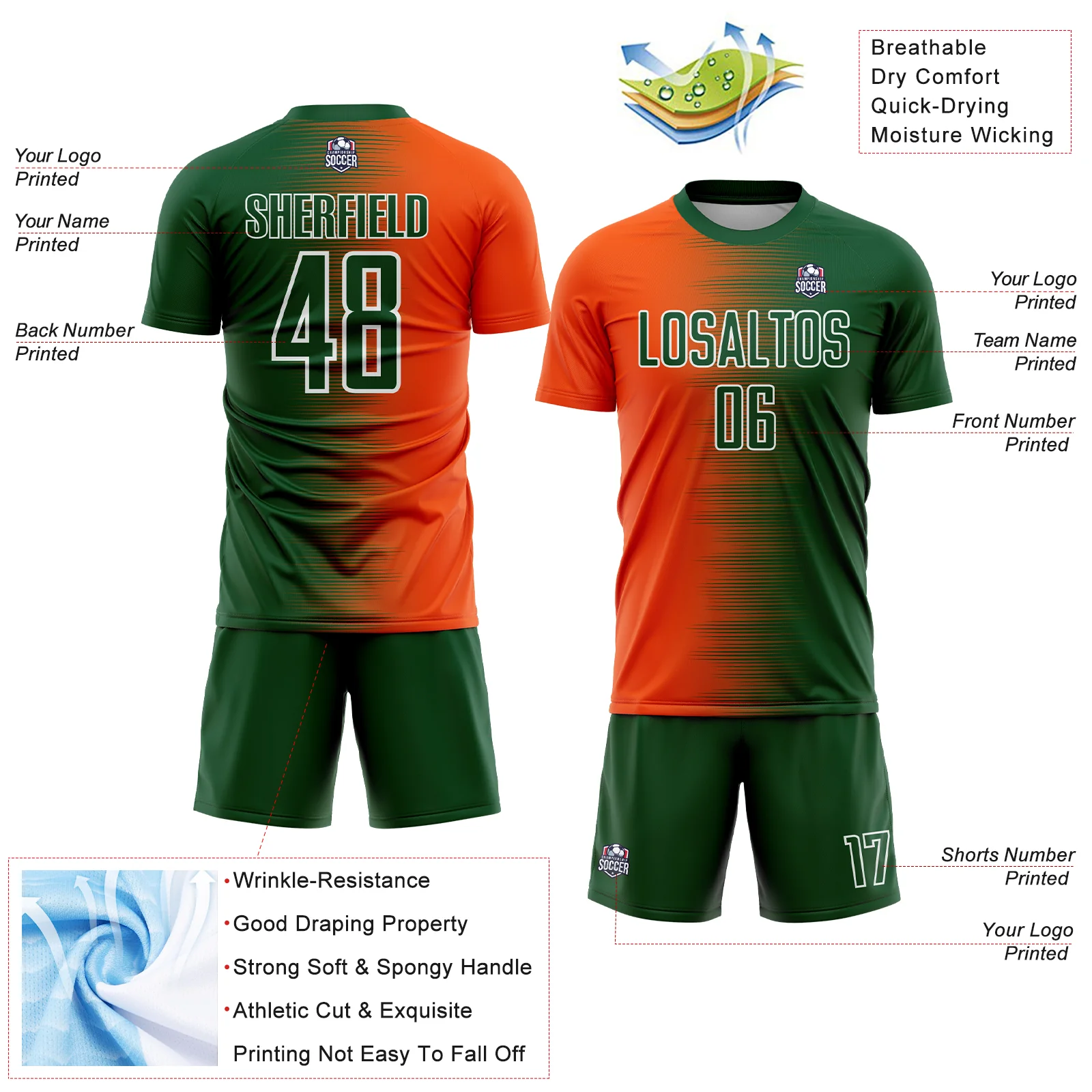 Custom Green Orange-White Gradient Line Sublimation Soccer Uniform Jersey - Image 4