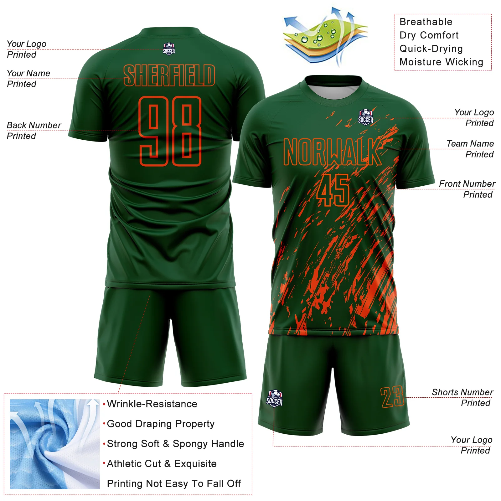 Custom Green Orange Splash Sublimation Soccer Uniform Jersey - Image 4