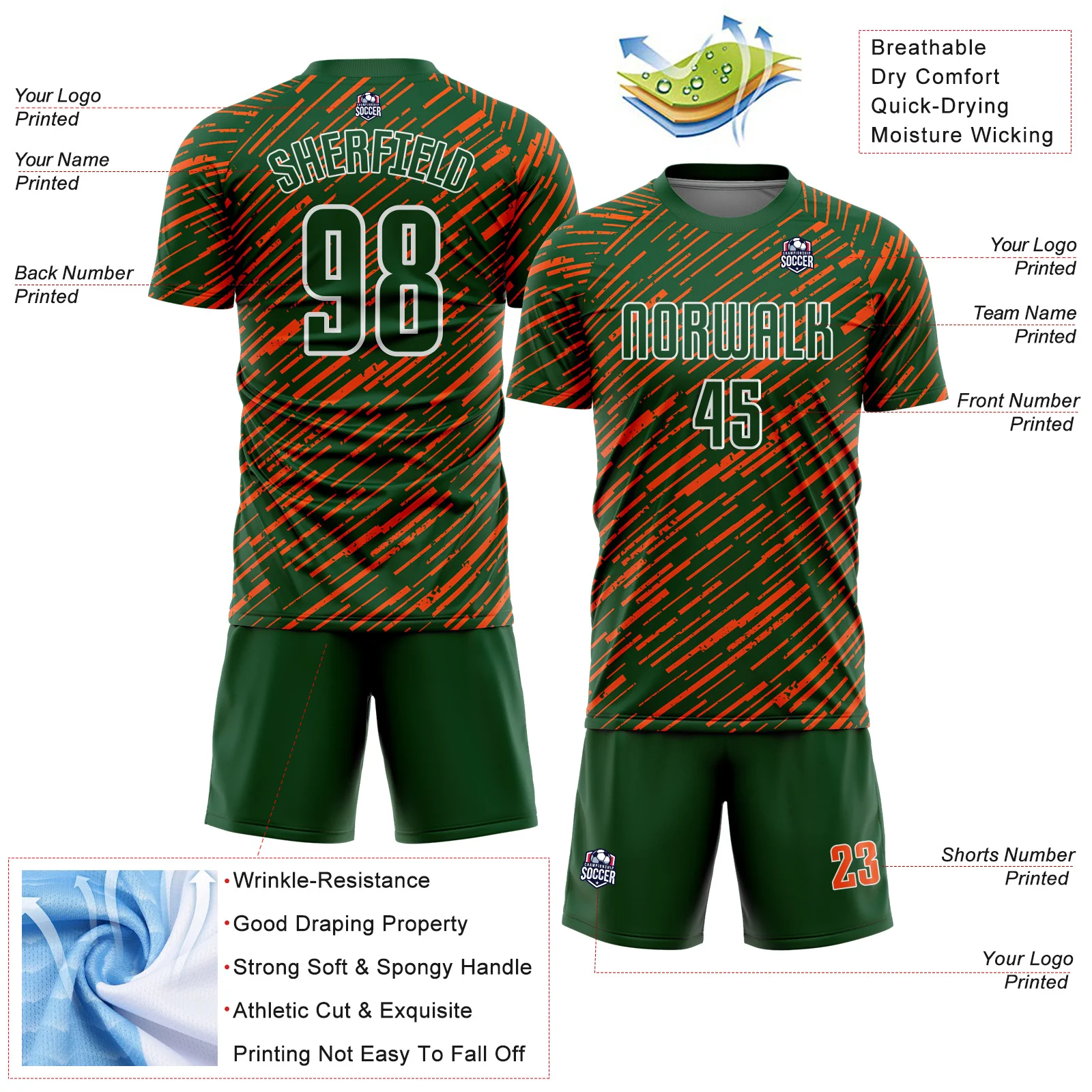 Custom Green Orange-White Line Sports Sublimation Soccer Uniform Jersey - Image 4