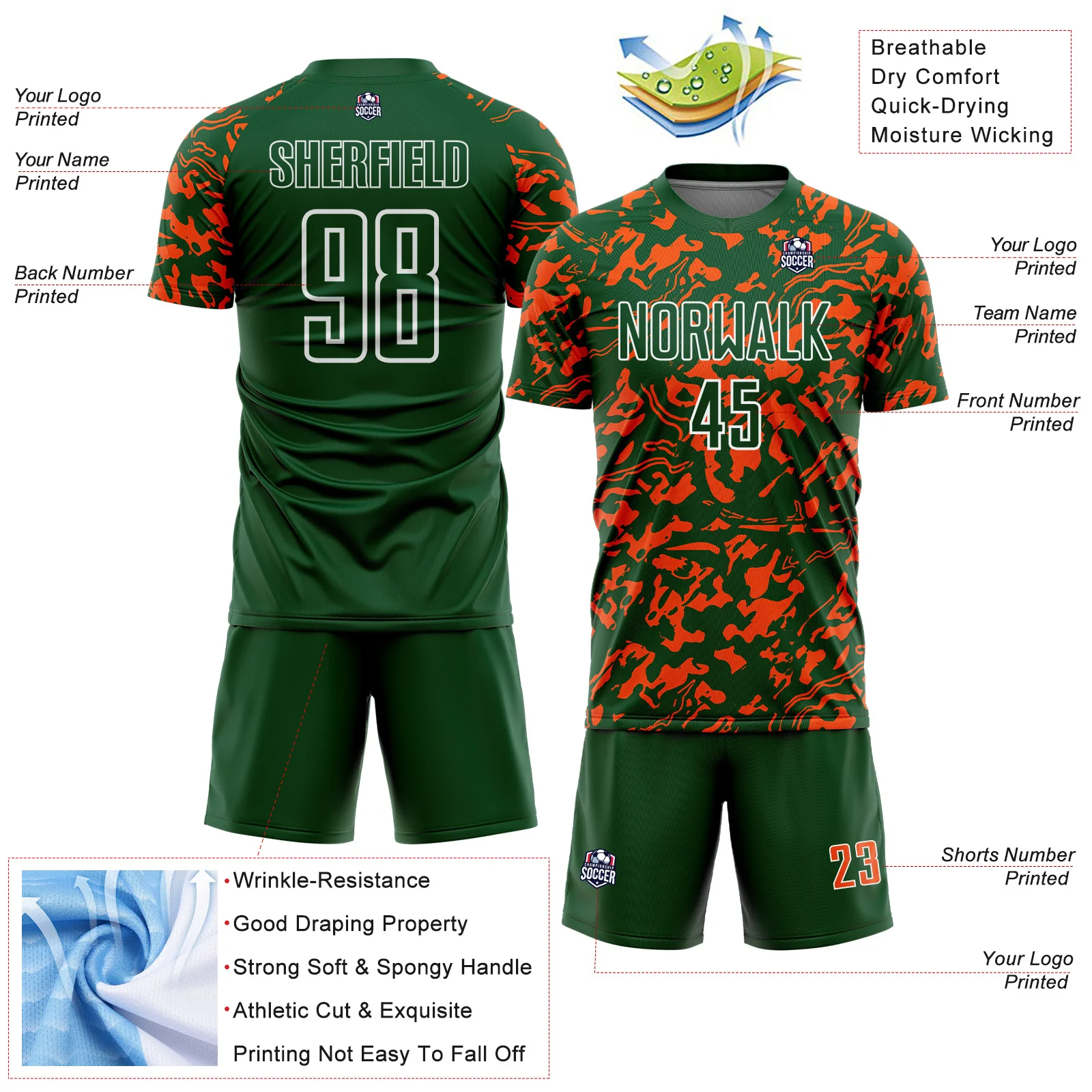 Custom Green Orange-White Liquid Fluid Pattern Sports Sublimation Soccer Uniform Jersey - Image 4