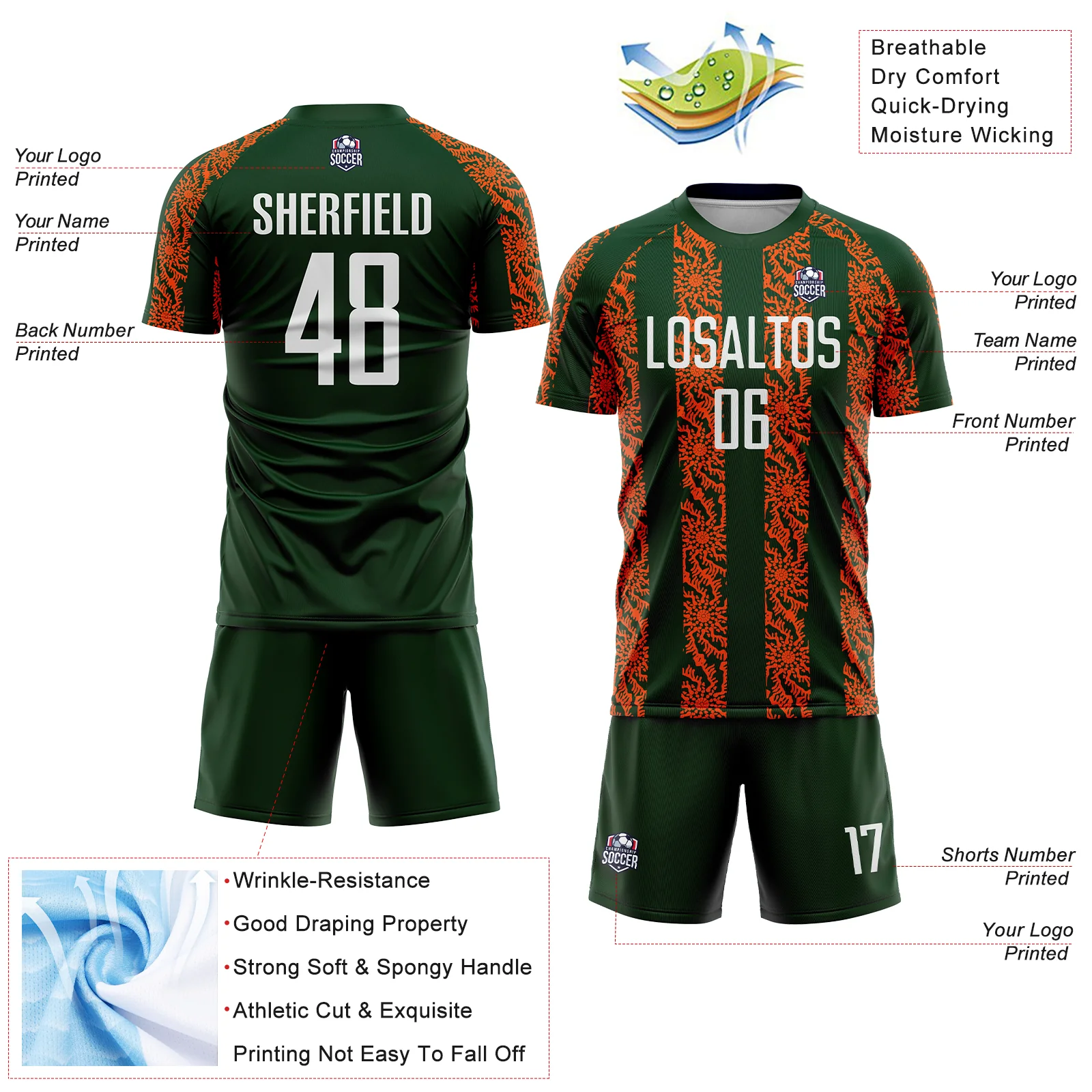 Custom Green White-Orange Abstract Shape Sublimation Soccer Uniform Jersey - Image 4