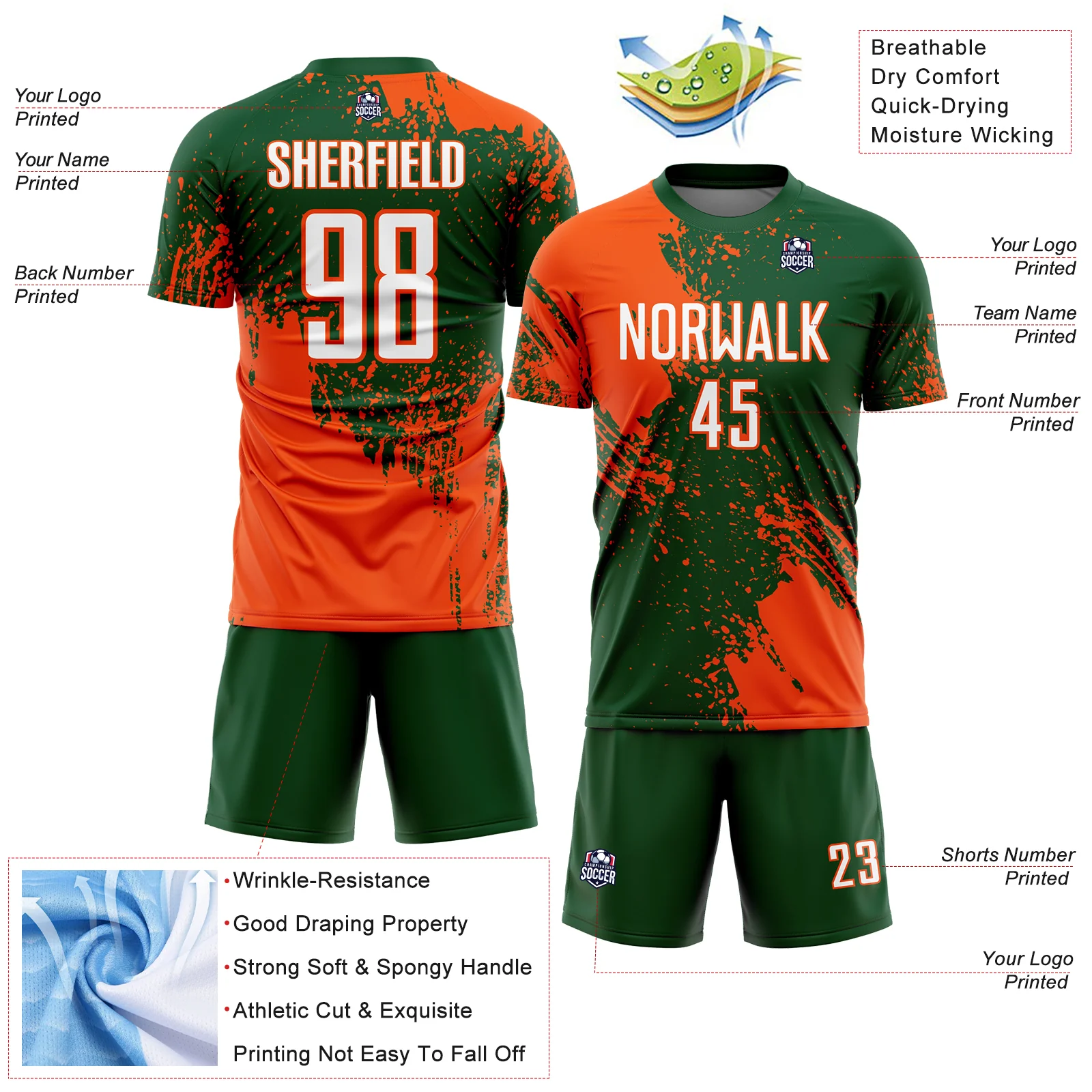 Custom Green White-Orange Abstract Brush Stroke Sports Sublimation Soccer Uniform Jersey - Image 4