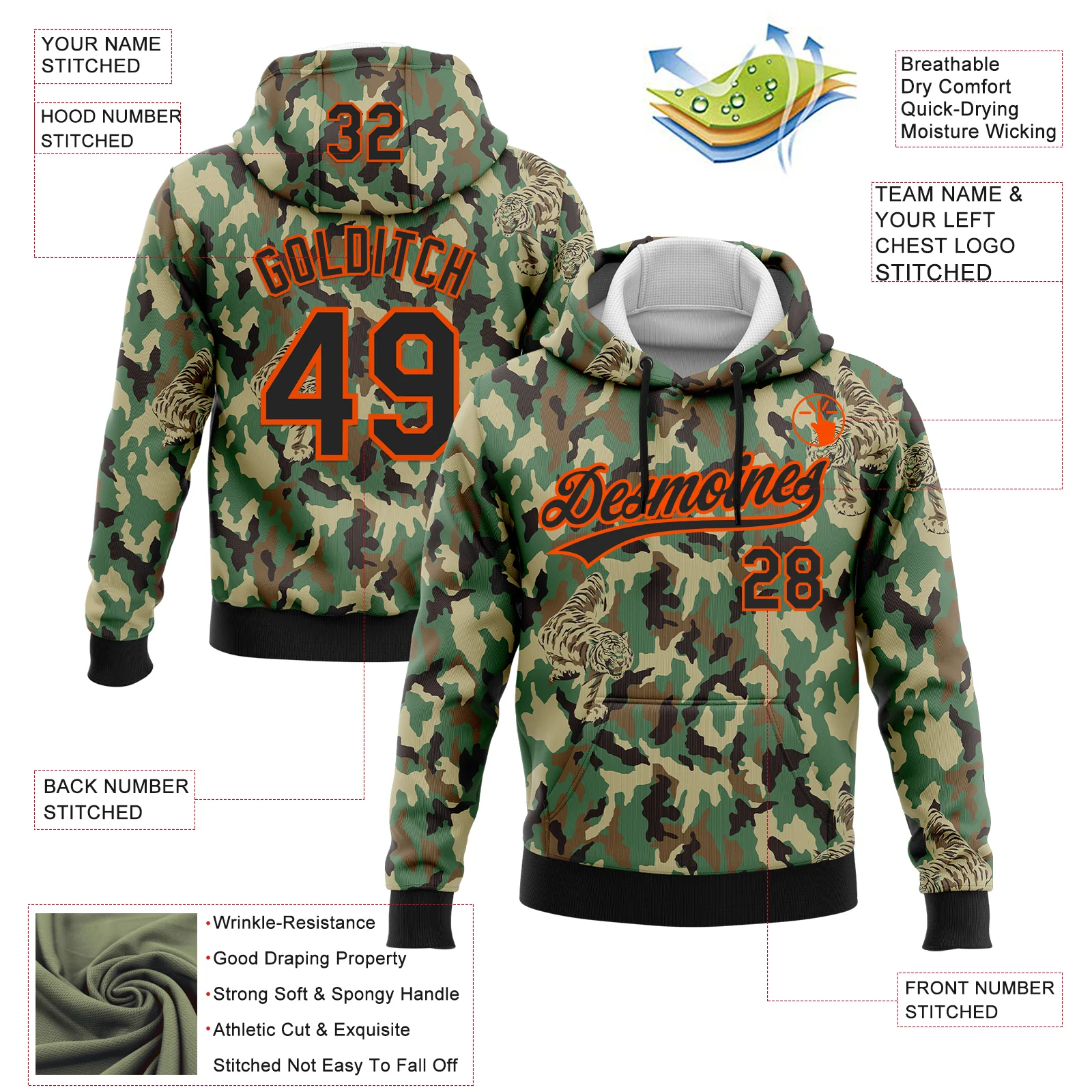 Custom Stitched Camo Black-Orange 3D Animal Tiger Sports Pullover Sweatshirt Salute To Service Hoodie - Image 2