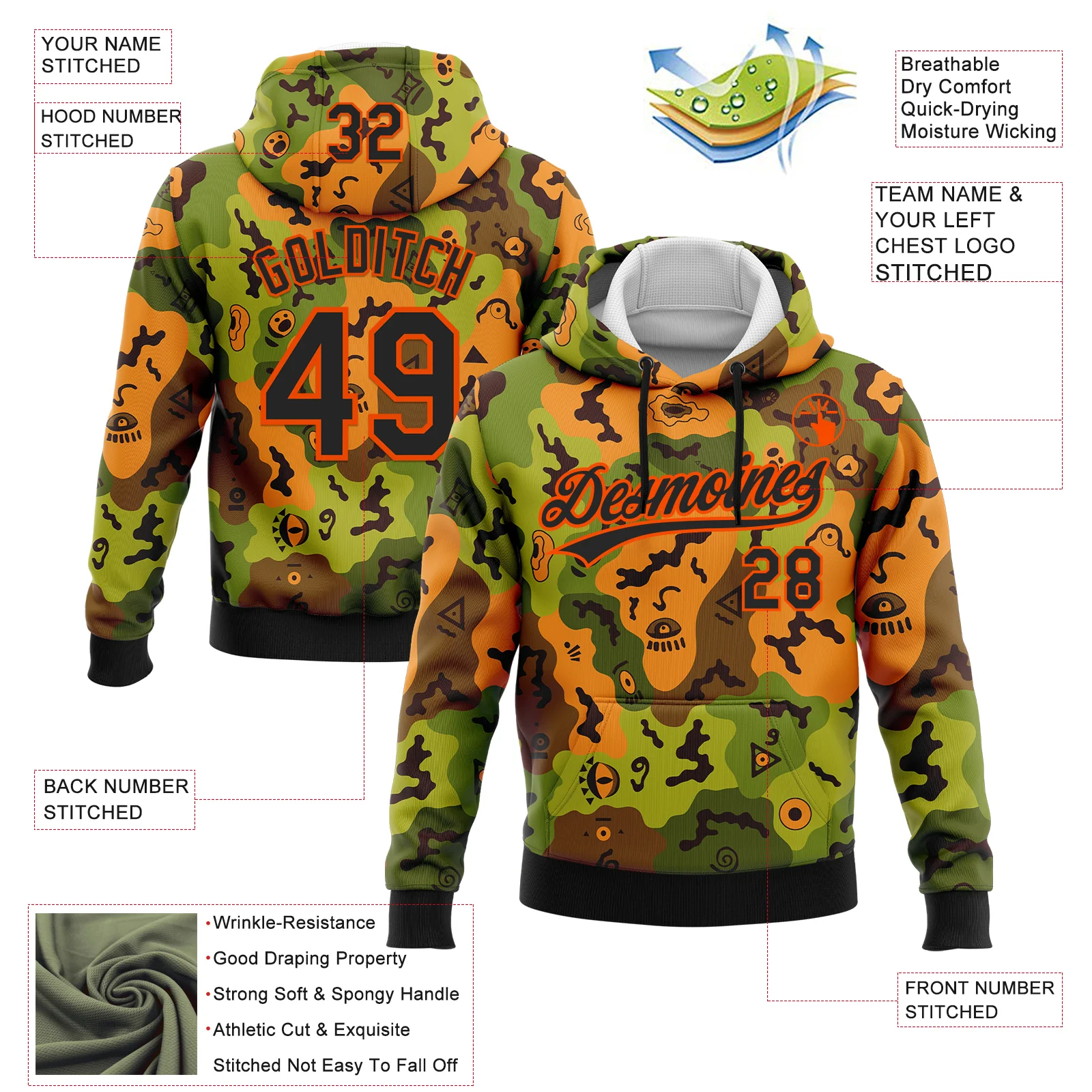 Custom Stitched Camo Black-Orange 3D Funny Faces Sports Pullover Sweatshirt Salute To Service Hoodie - Image 2