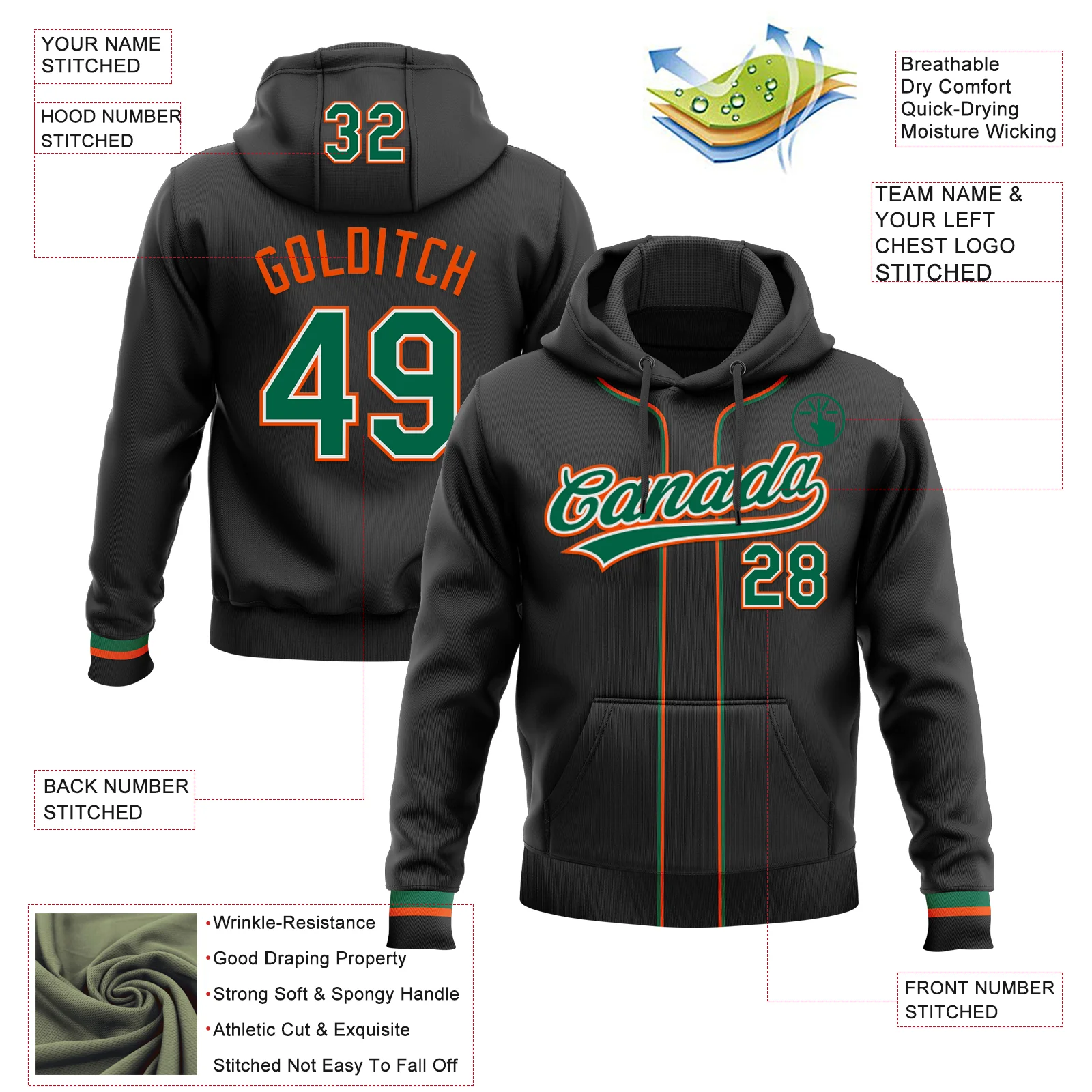 Custom Stitched Black Kelly Green Orange-White Baseball Pullover Sweatshirt Hoodie - Image 2