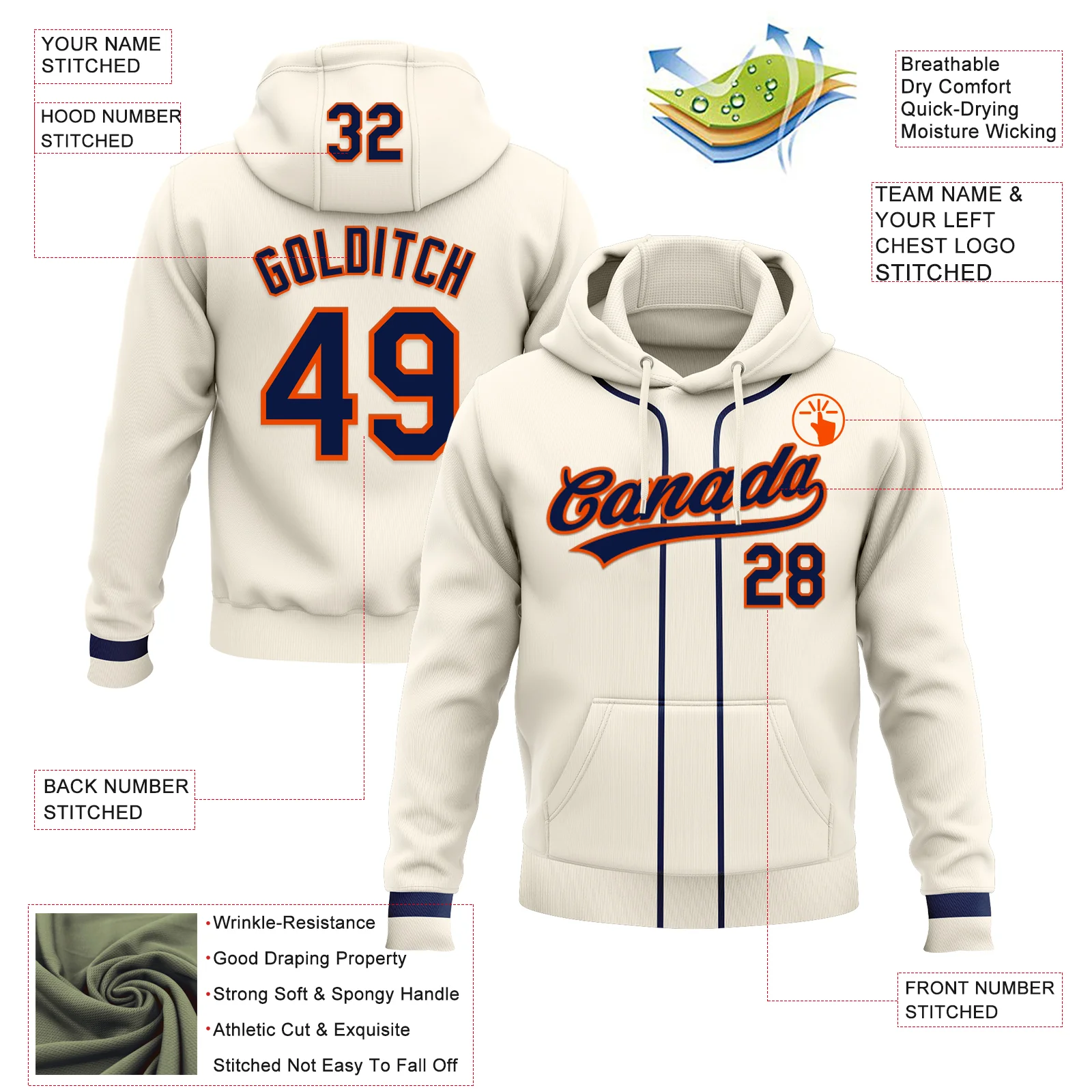 Custom Stitched Cream Navy-Orange Baseball Pullover Sweatshirt Hoodie - Image 2