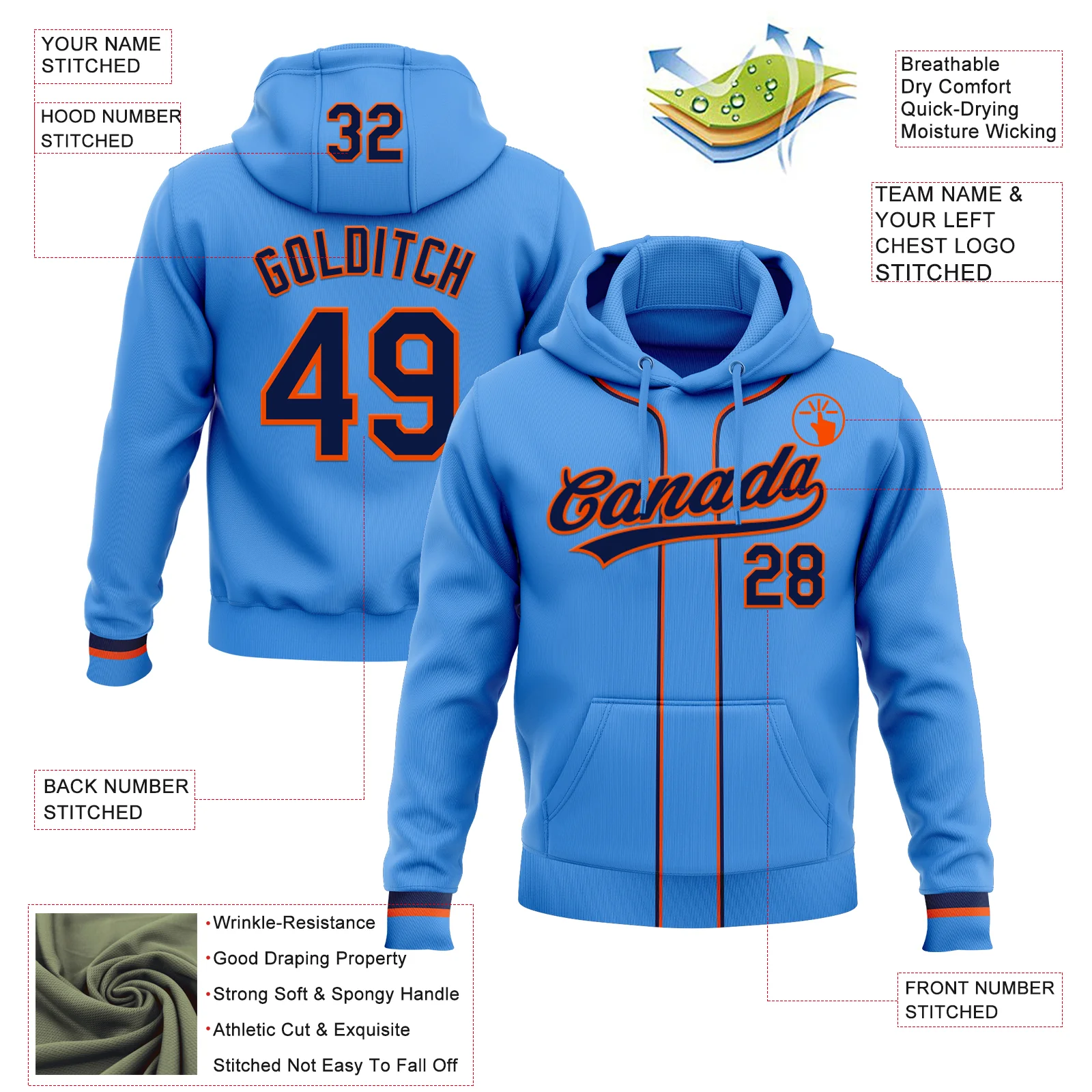 Custom Stitched Powder Blue Navy-Orange Baseball Pullover Sweatshirt Hoodie - Image 2