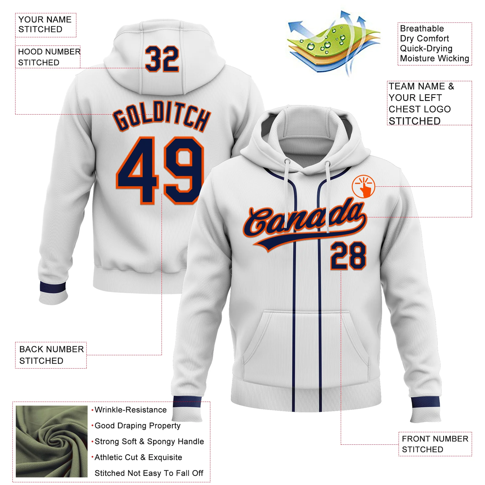Custom Stitched White Navy-Orange Baseball Pullover Sweatshirt Hoodie - Image 2