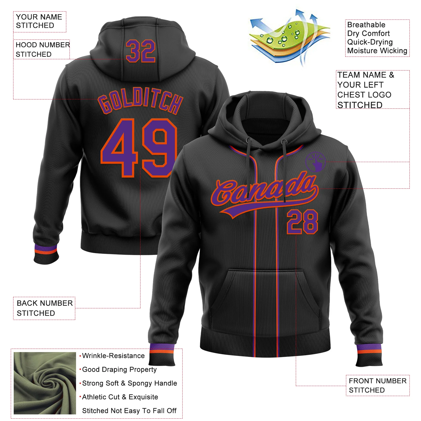 Custom Stitched Black Purple-Orange Baseball Pullover Sweatshirt Hoodie - Image 2