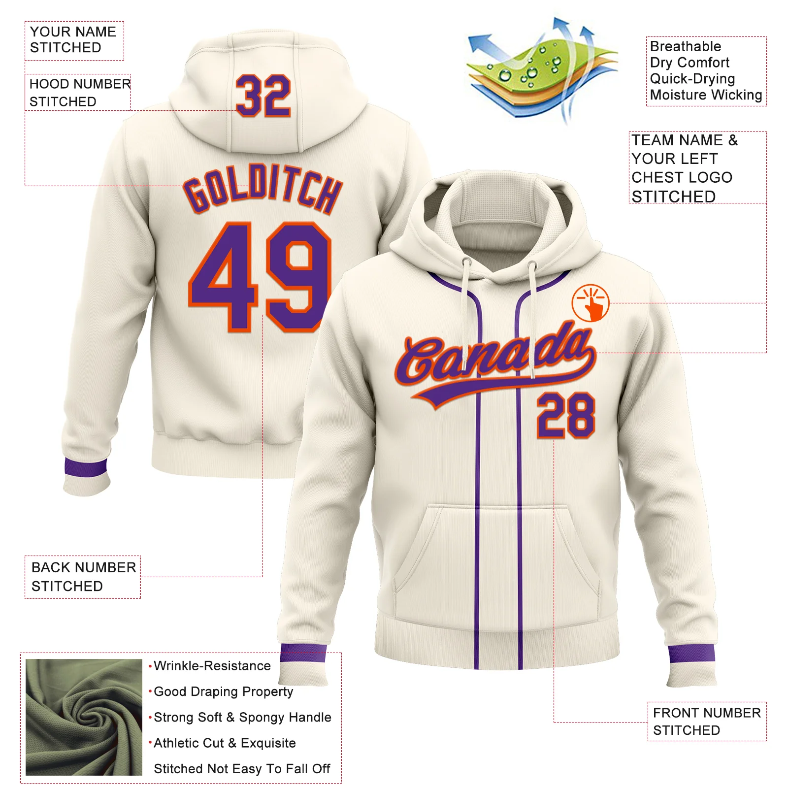 Custom Stitched Cream Purple-Orange Baseball Pullover Sweatshirt Hoodie - Image 2