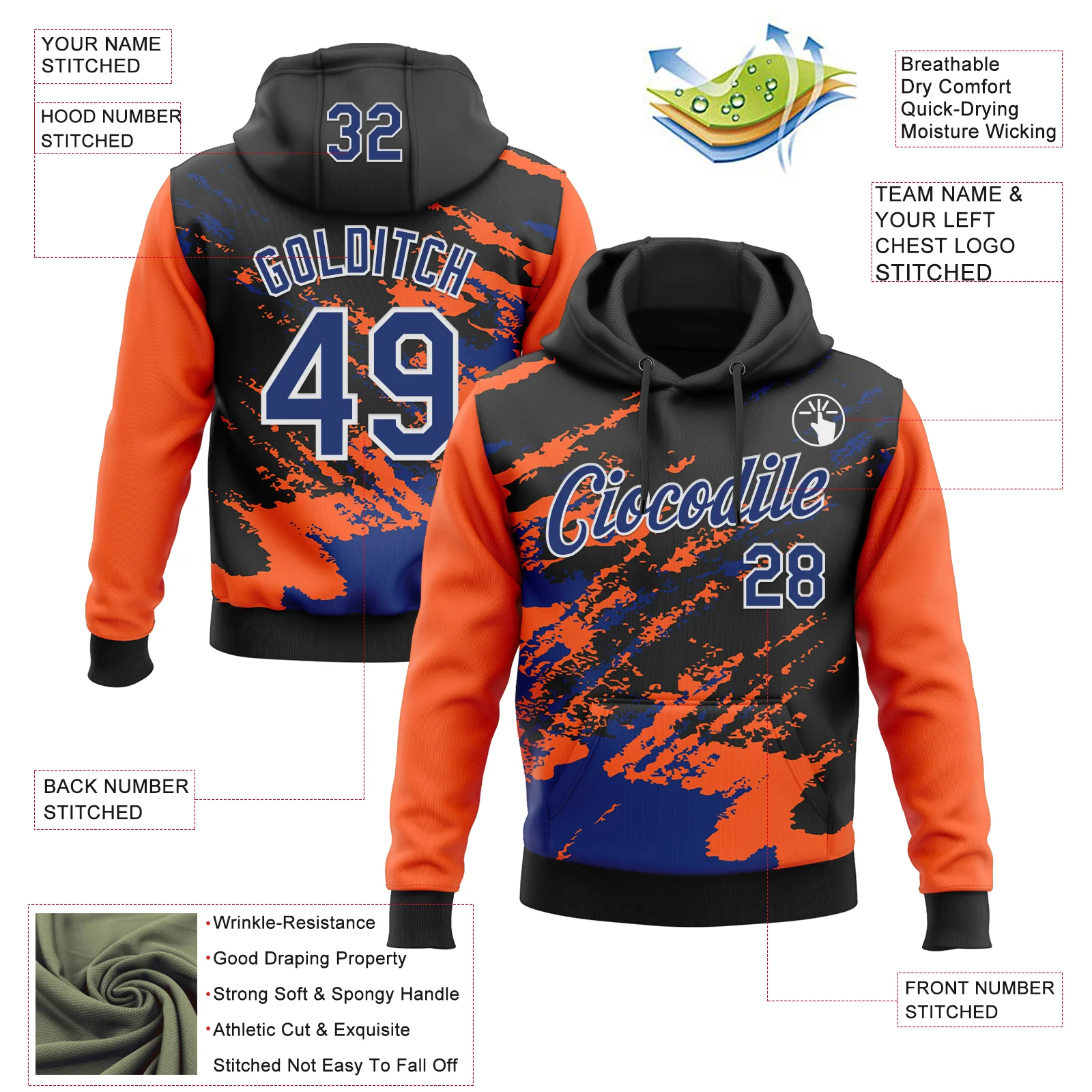Custom Stitched Black Royal Orange-White 3D Pattern Design Abstract Fragment Art Splash Sports Pullover Sweatshirt Hoodie - Image 2