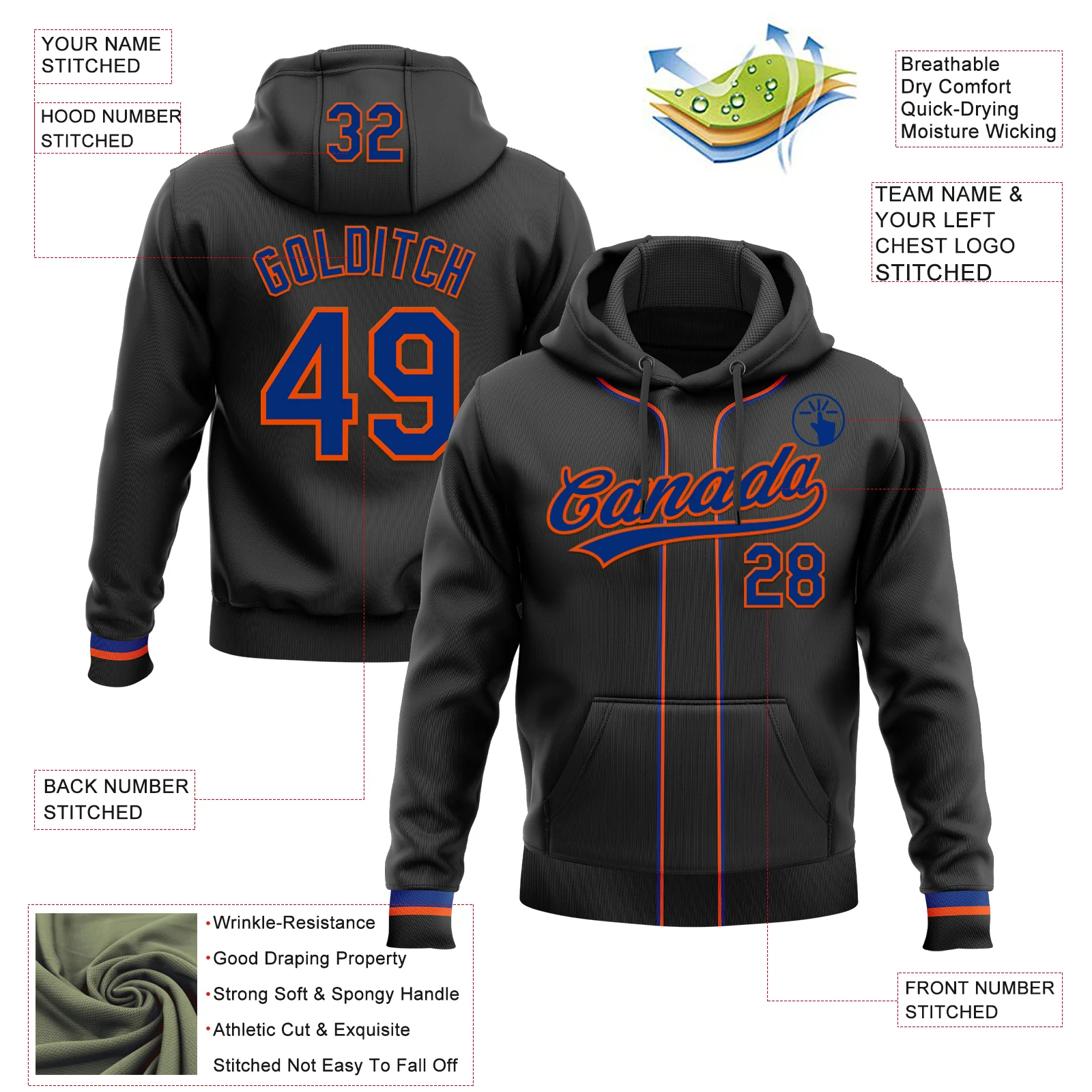 Custom Stitched Black Royal-Orange Baseball Pullover Sweatshirt Hoodie - Image 2