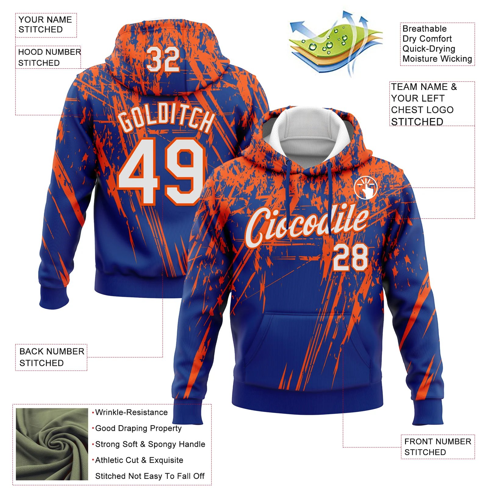 Custom Stitched Royal White-Orange 3D Pattern Design Splash Grunge Art Sports Pullover Sweatshirt Hoodie - Image 2