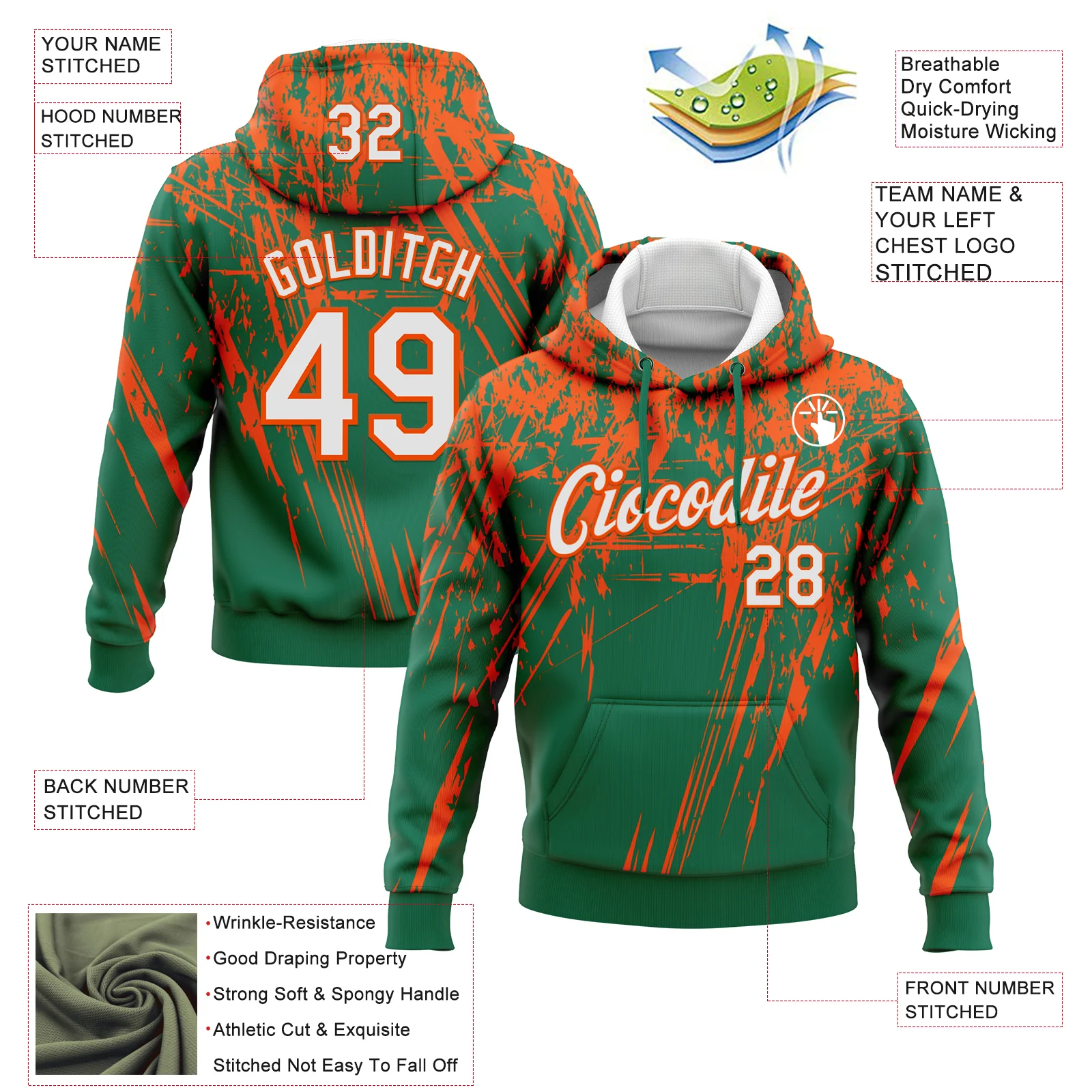 Custom Stitched Kelly Green White-Orange 3D Pattern Design Splash Grunge Art Sports Pullover Sweatshirt Hoodie - Image 2