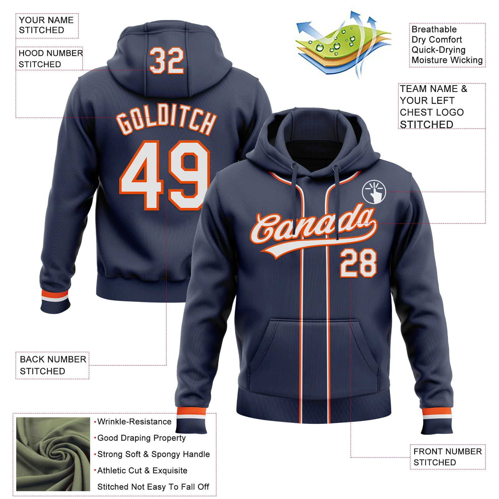 Custom Stitched Navy White-Orange Baseball Pullover Sweatshirt Hoodie - Image 2