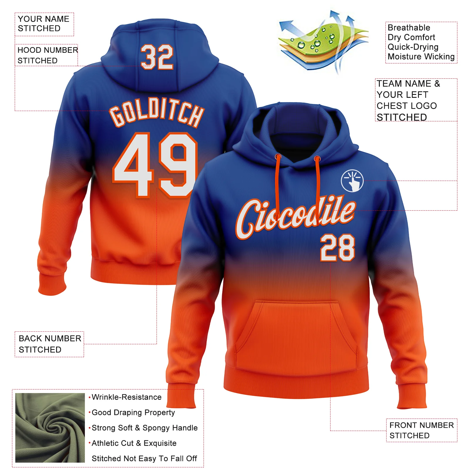 Custom Stitched Royal White-Orange Fade Fashion Sports Pullover Sweatshirt Hoodie - Image 2