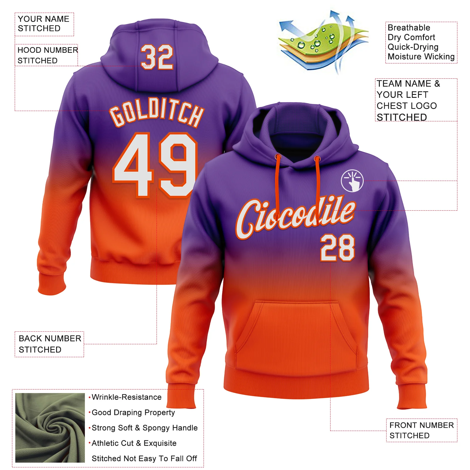 Custom Stitched Purple White-Orange Fade Fashion Sports Pullover Sweatshirt Hoodie - Image 2