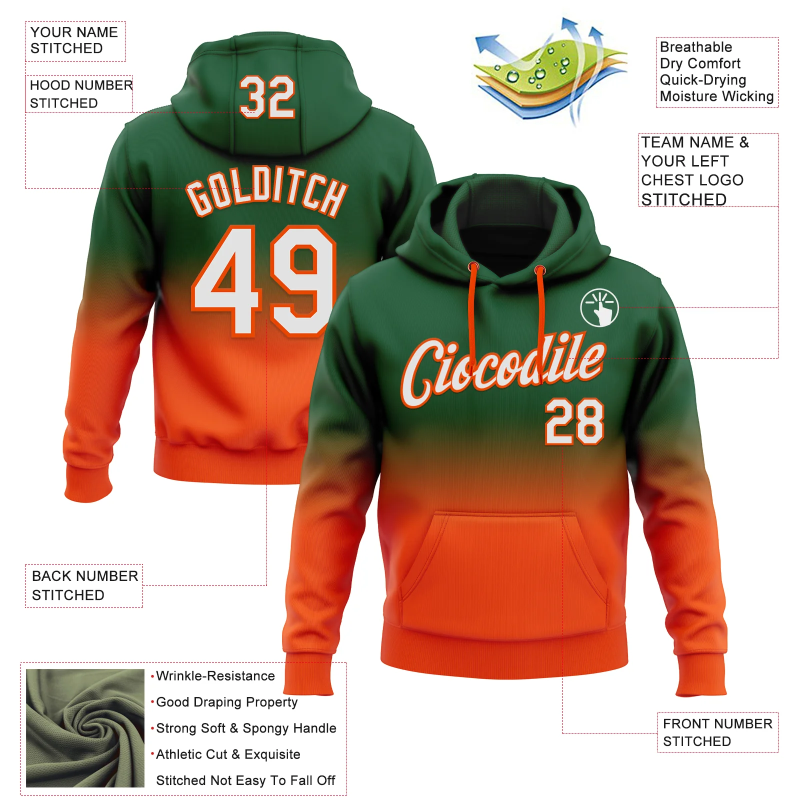Custom Stitched Green White-Orange Fade Fashion Sports Pullover Sweatshirt Hoodie - Image 2