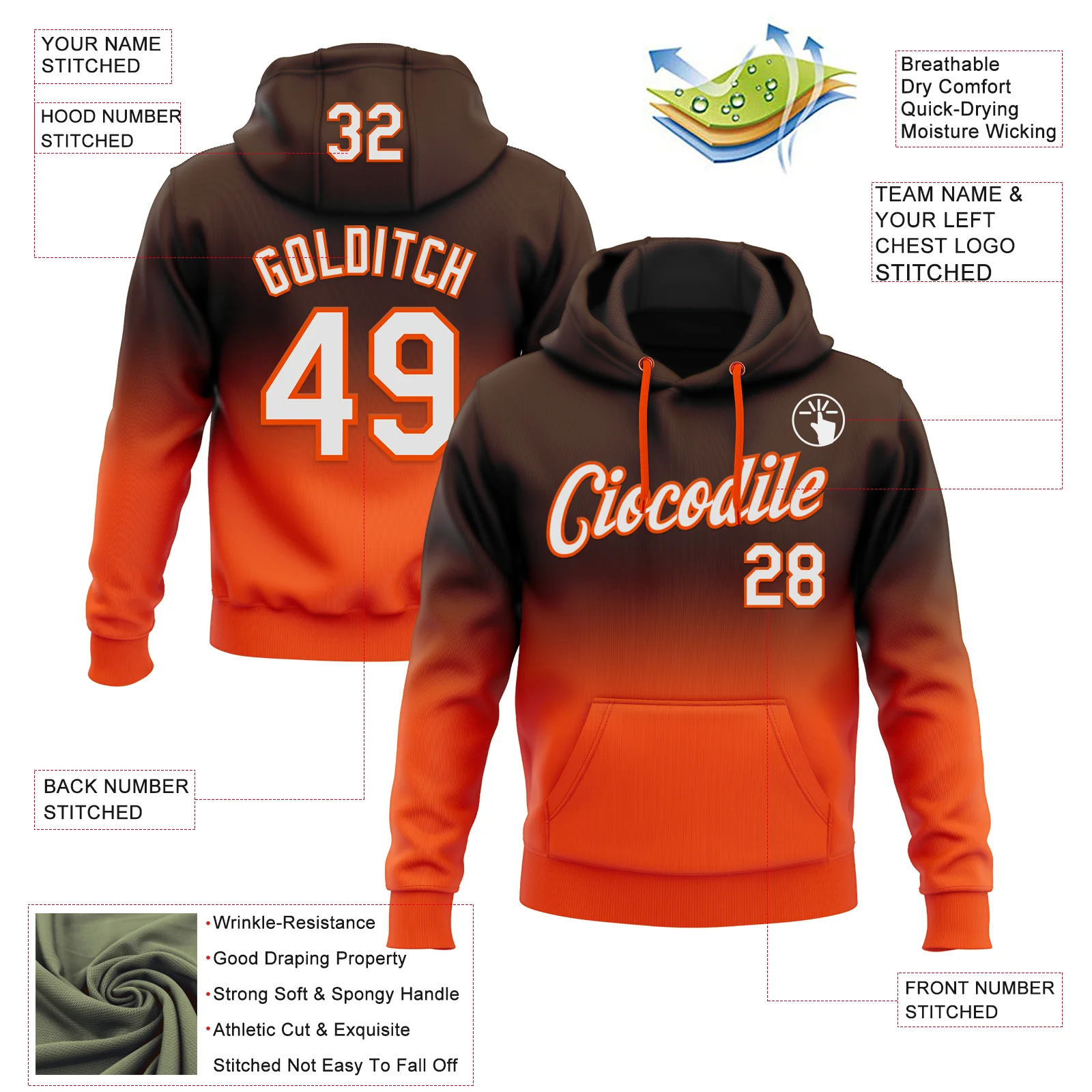 Custom Stitched Brown White-Orange Fade Fashion Sports Pullover Sweatshirt Hoodie - Image 2