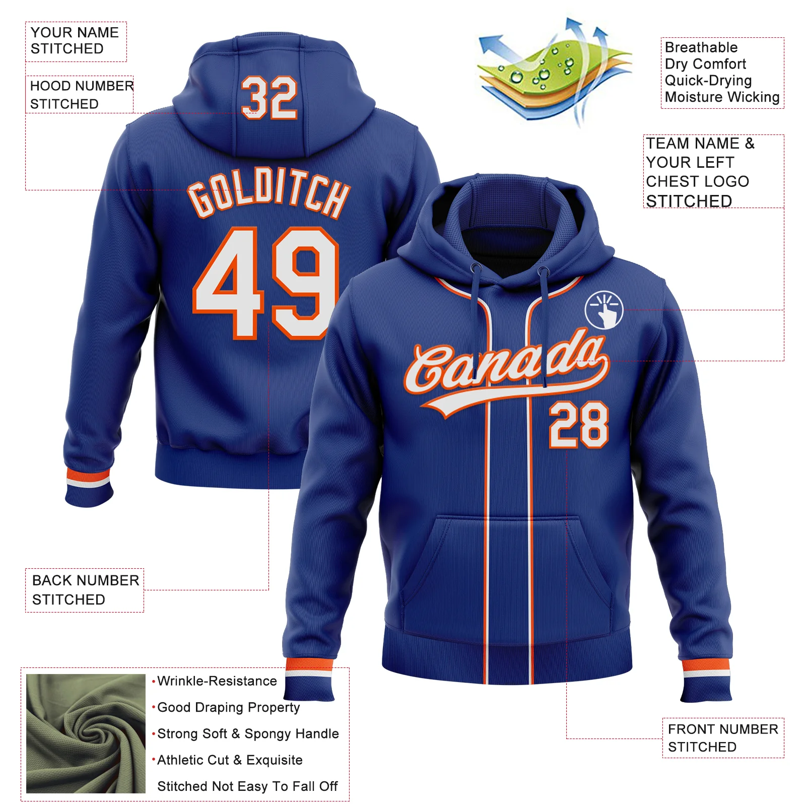 Custom Stitched Royal White-Orange Baseball Pullover Sweatshirt Hoodie - Image 2
