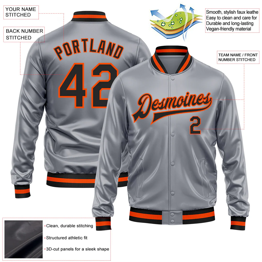 Custom Gray Black-Orange Bomber Full-Snap Varsity Faux Leather Letterman Jacket - Image 2