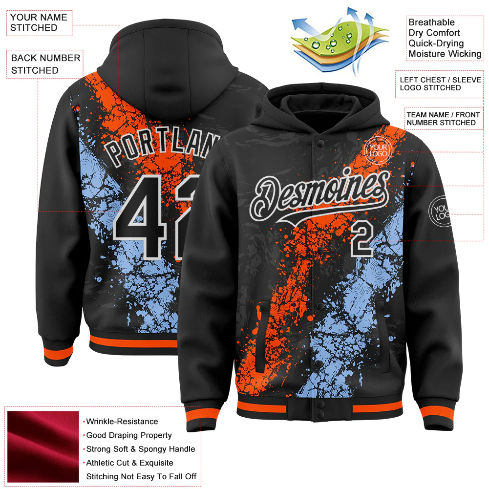 Custom Black Orange Light Blue-White Splash Art 3D Pattern Design Bomber Full-Snap Varsity Letterman Hoodie Jacket - Image 4