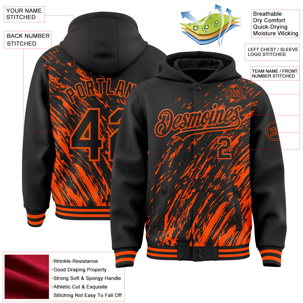 Custom Black Black-Orange 3D Pattern Design Bomber Full-Snap Varsity Letterman Hoodie Jacket - Image 4