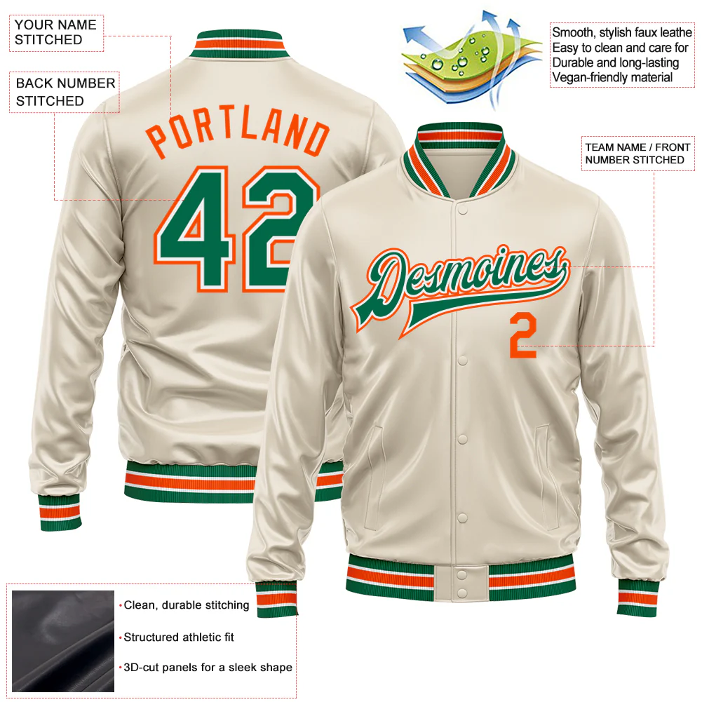 Custom Cream Kelly Green-Orange Bomber Full-Snap Varsity Faux Leather Letterman Jacket - Image 2