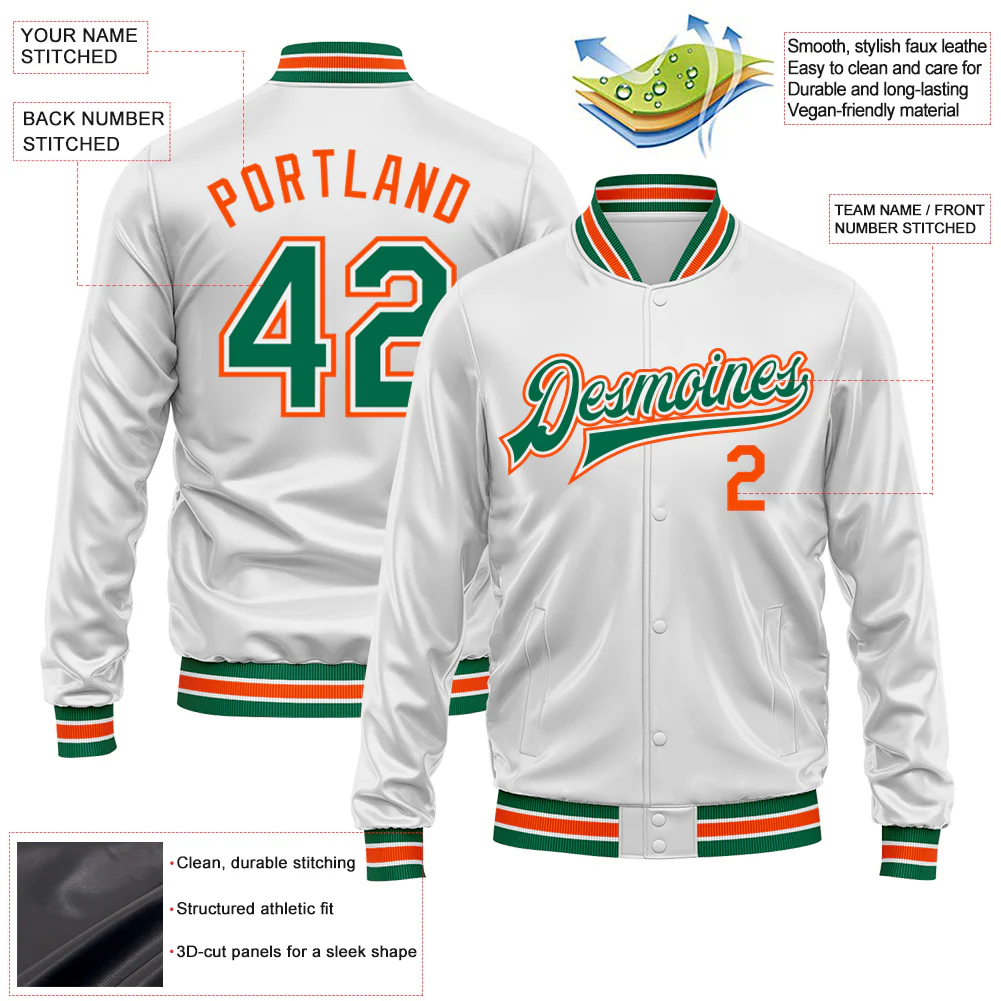 Custom White Kelly Green-Orange Bomber Full-Snap Varsity Faux Leather Letterman Jacket - Image 2
