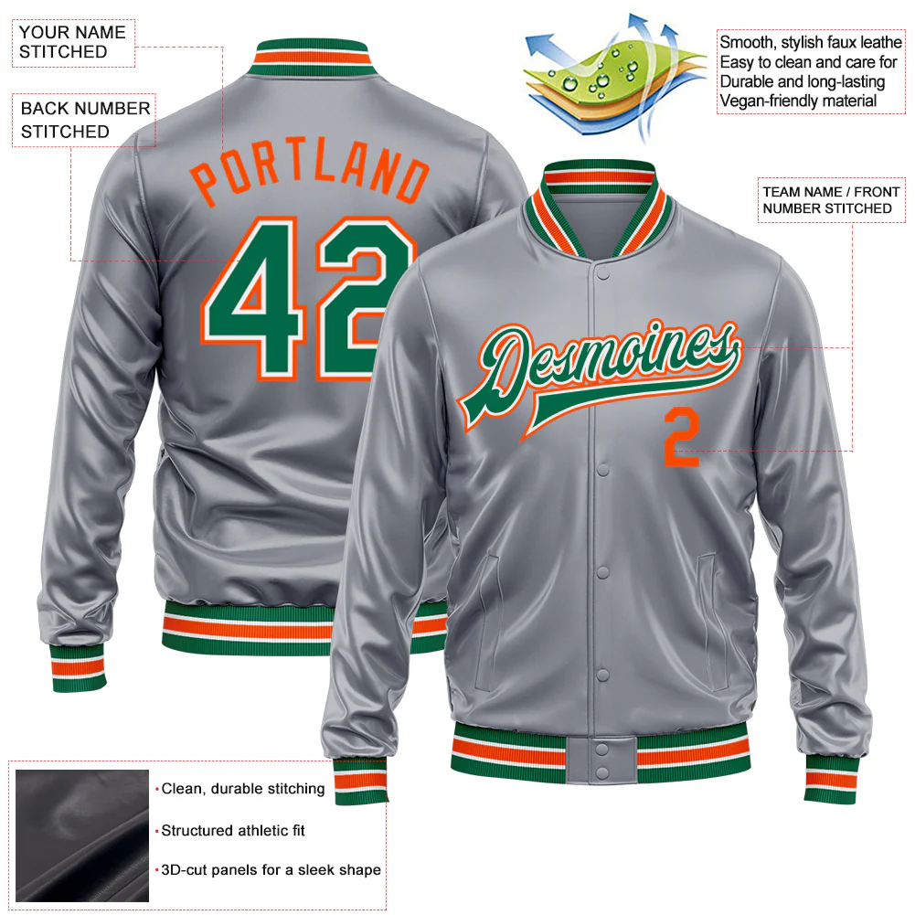 Custom Gray Kelly Green Orange-White Bomber Full-Snap Varsity Faux Leather Letterman Jacket - Image 2