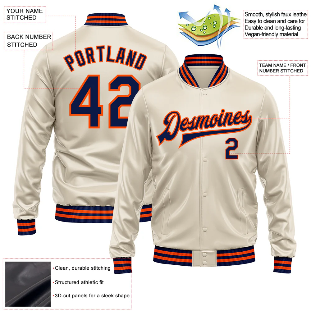 Custom Cream Navy-Orange Bomber Full-Snap Varsity Faux Leather Letterman Jacket - Image 2