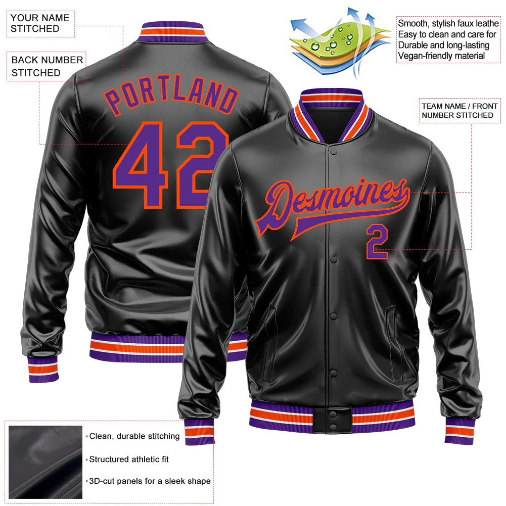 Custom Black Purple-Orange Bomber Full-Snap Varsity Faux Leather Letterman Jacket - Image 2
