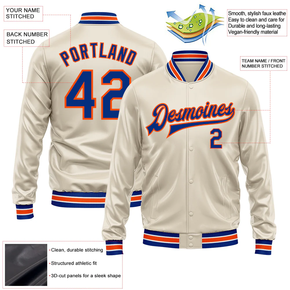Custom Cream Royal-Orange Bomber Full-Snap Varsity Faux Leather Letterman Jacket - Image 2