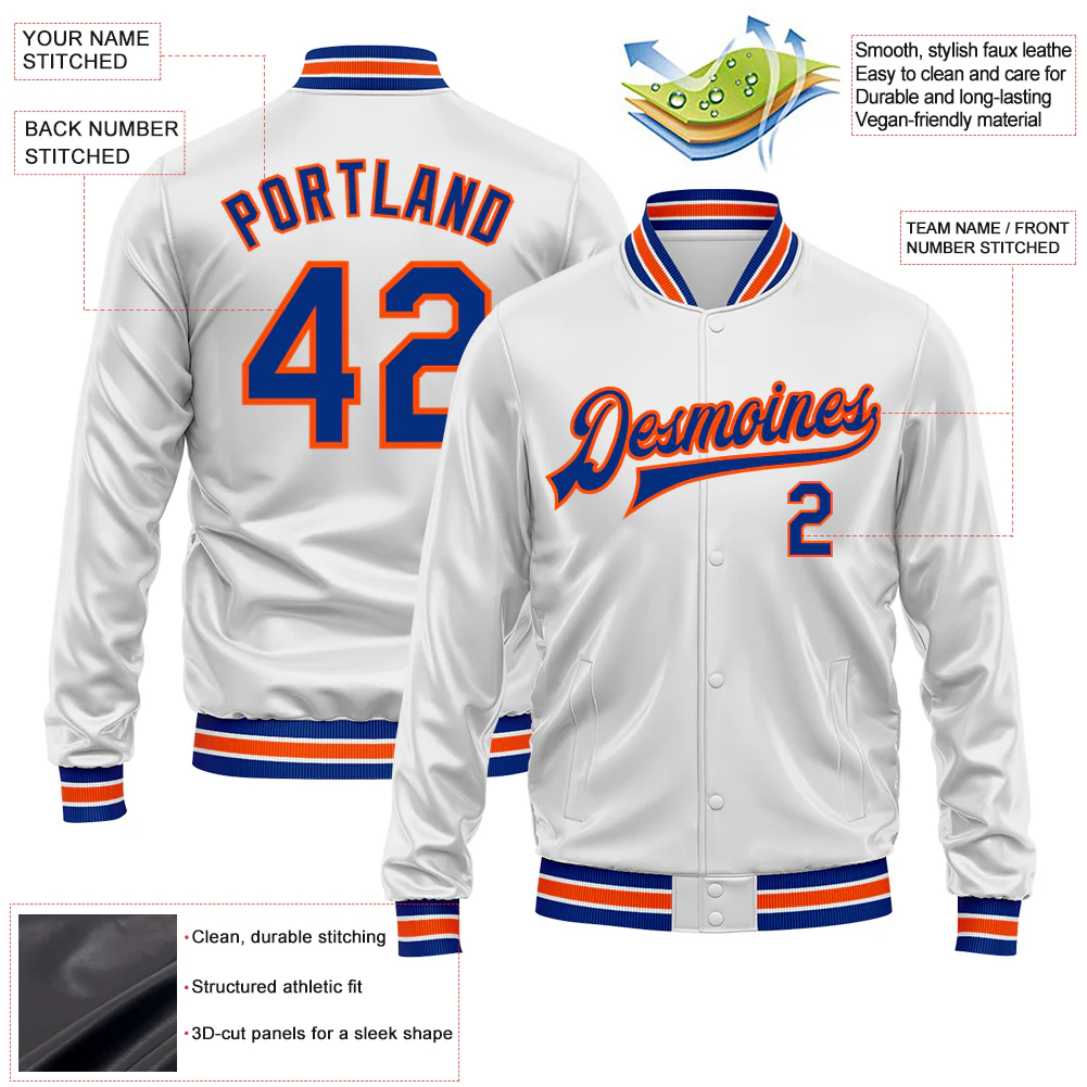 Custom White Royal-Orange Bomber Full-Snap Varsity Faux Leather Letterman Jacket - Image 2