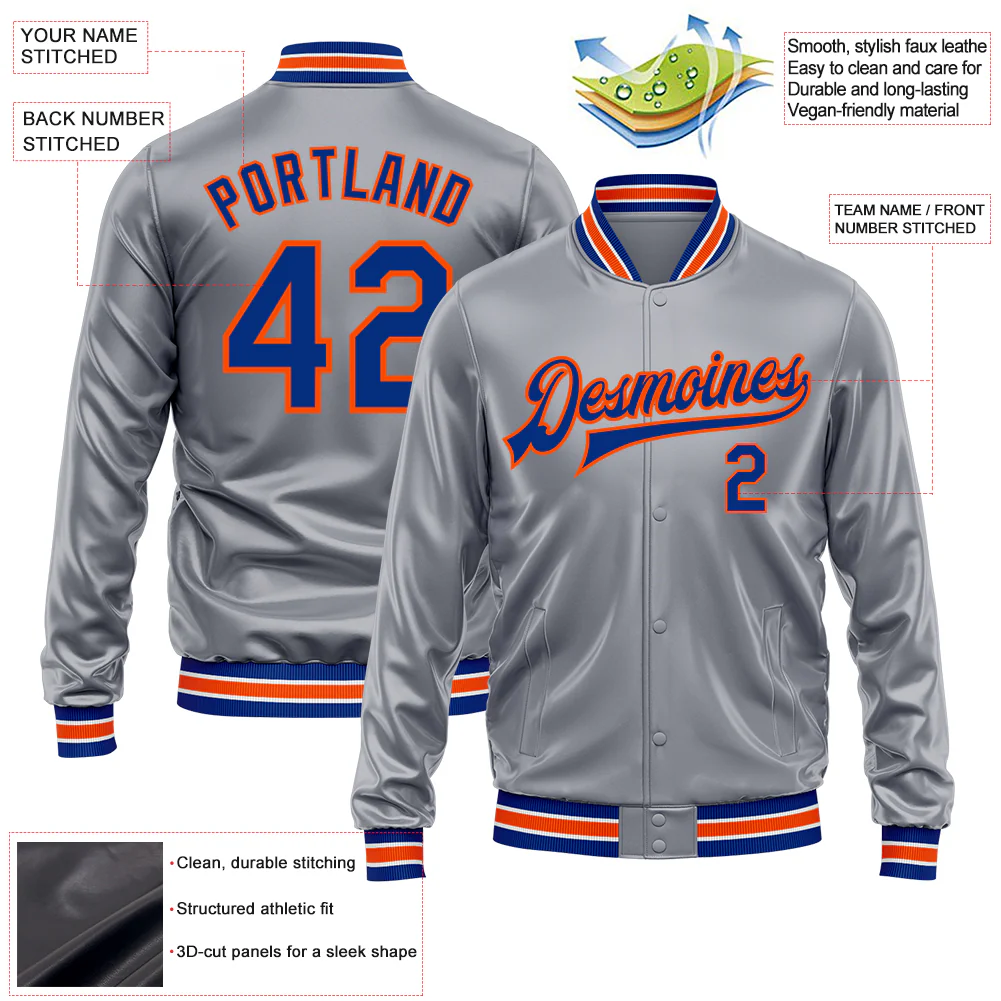 Custom Gray Royal-Orange Bomber Full-Snap Varsity Faux Leather Letterman Jacket - Image 2
