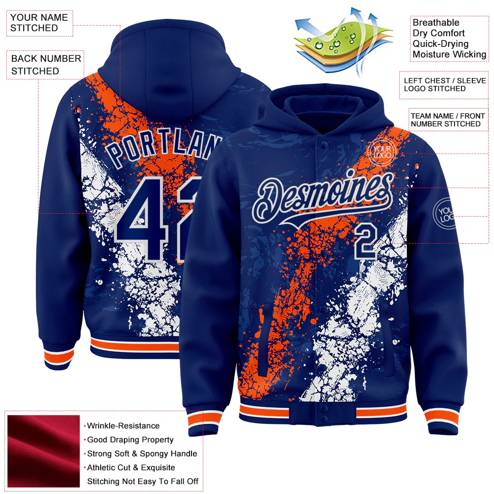 Custom Royal Orange-White Splash Art 3D Pattern Design Bomber Full-Snap Varsity Letterman Hoodie Jacket - Image 4