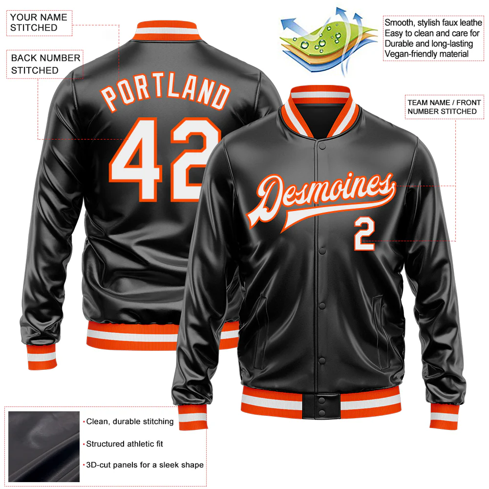 Custom Black White-Orange Bomber Full-Snap Varsity Faux Leather Letterman Jacket - Image 2