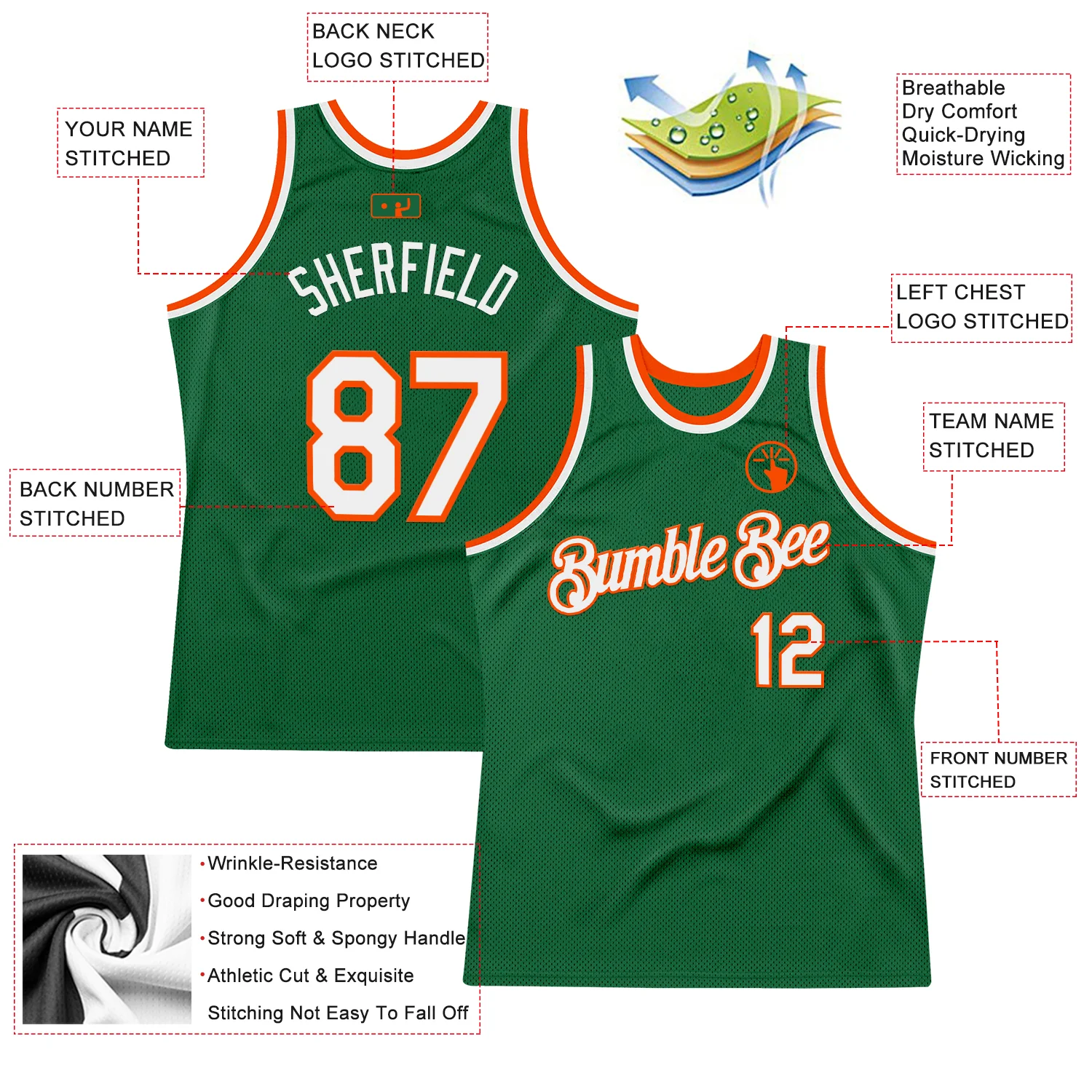 Custom Kelly Green White-Orange Authentic Throwback Basketball Jersey - Image 2