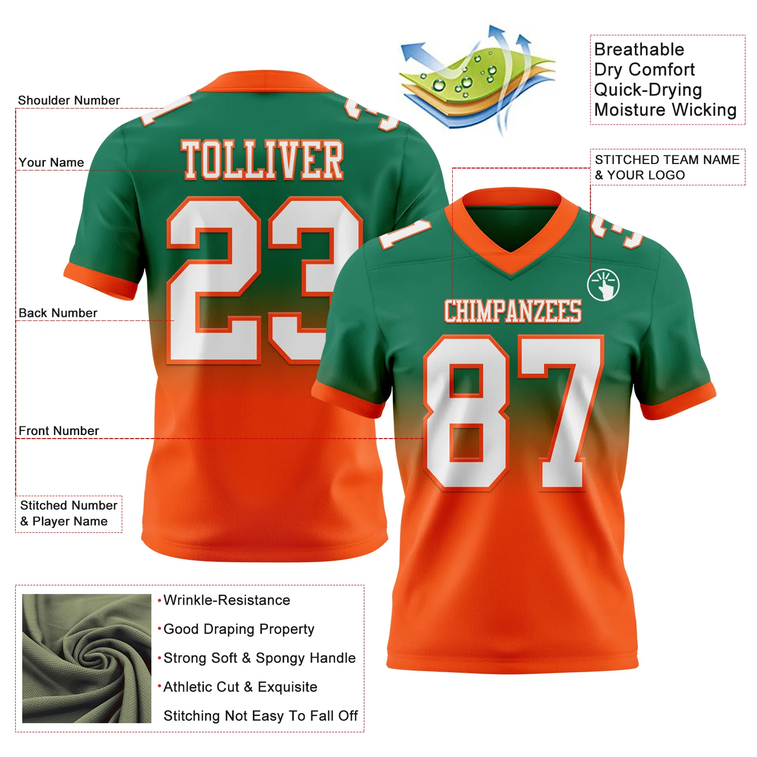 Custom Kelly Green White-Orange Authentic Fade Fashion Football Jersey - Image 2