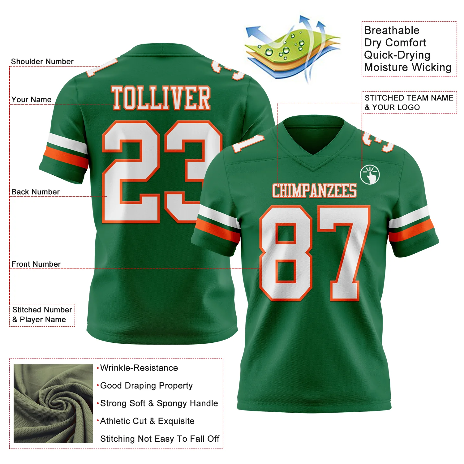 Custom Kelly Green White-Orange Authentic Football Jersey - Image 3