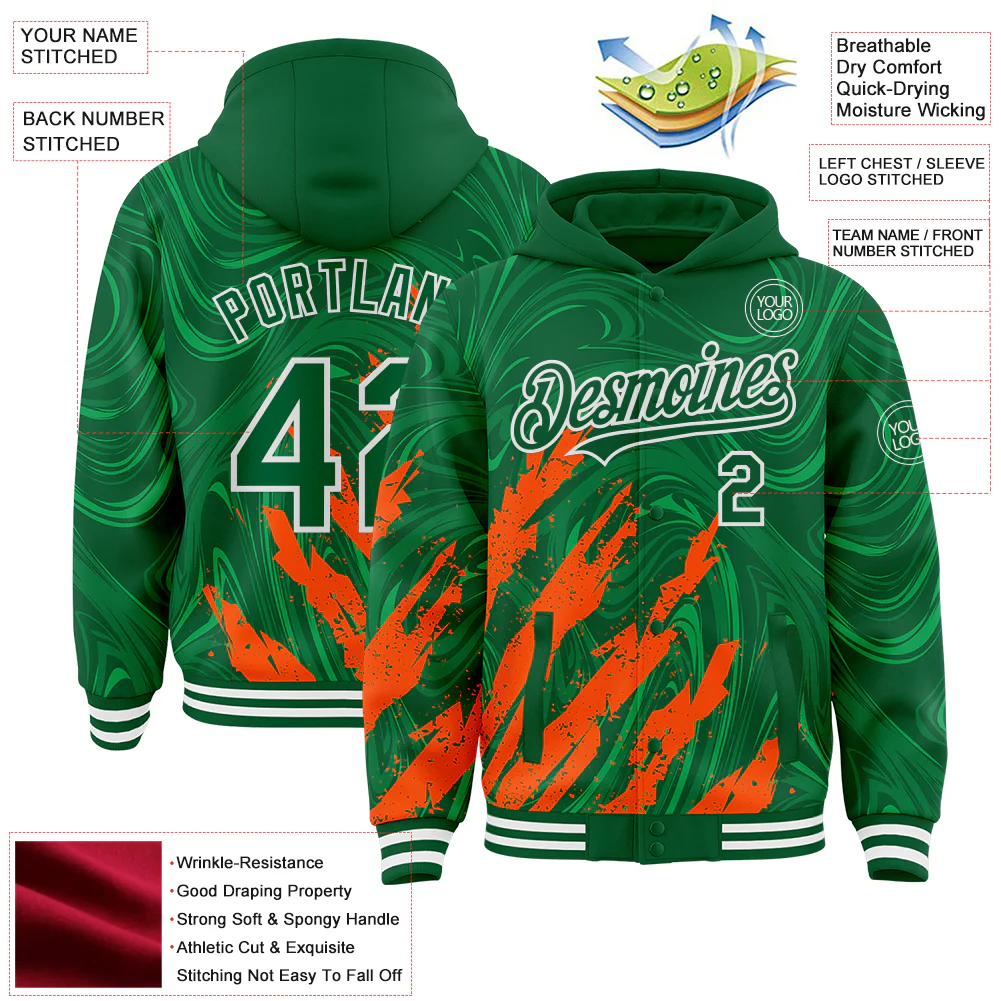 Custom Kelly Green Orange-White Splash Bomber Full-Snap Varsity Letterman Hoodie Jacket - Image 4