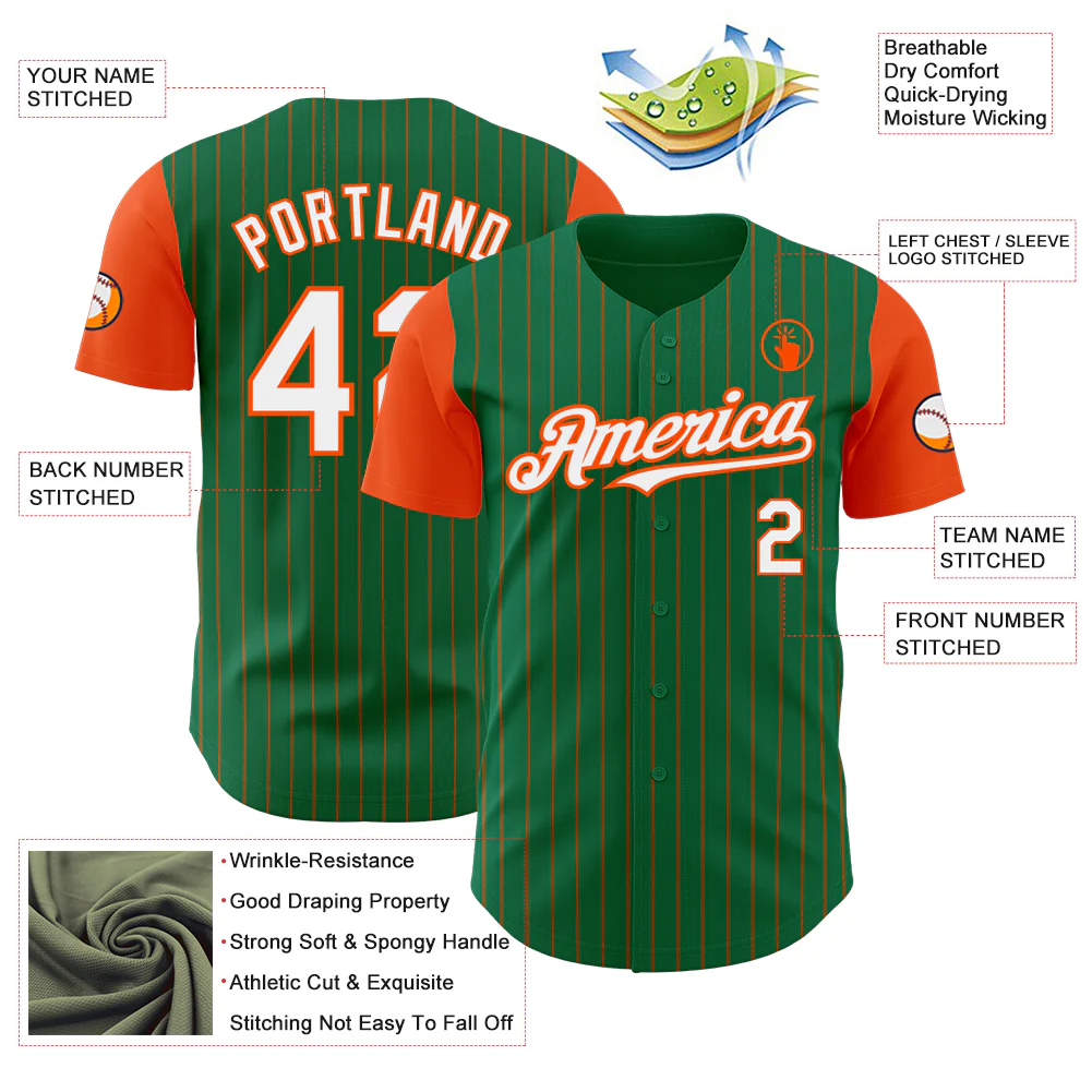 Custom Kelly Green Orange Pinstripe White Authentic Two Tone Baseball Jersey - Image 3