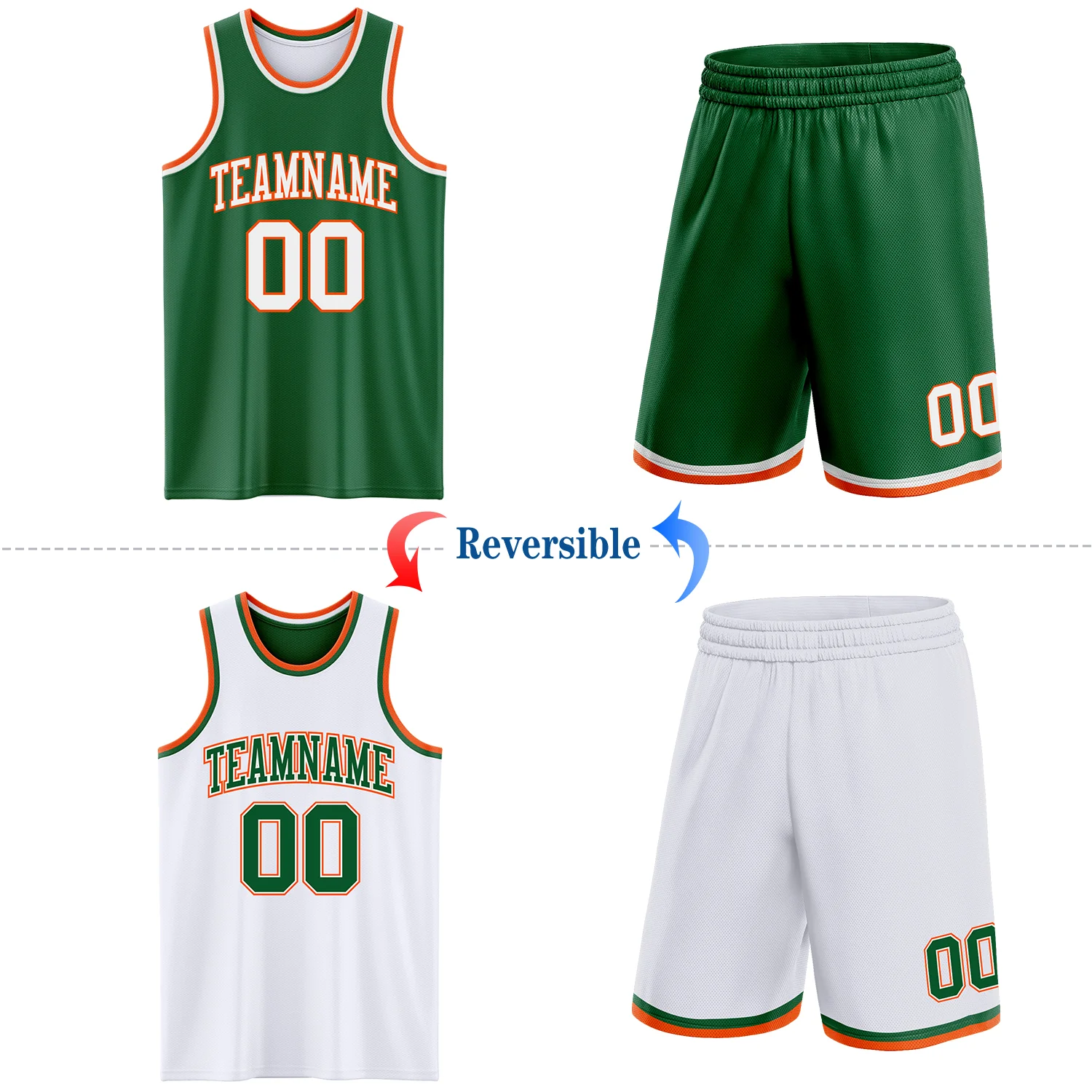 Custom Reversible Kelly Green White-Orange Double Side Sublimation Basketball Suit Jersey - Image 2