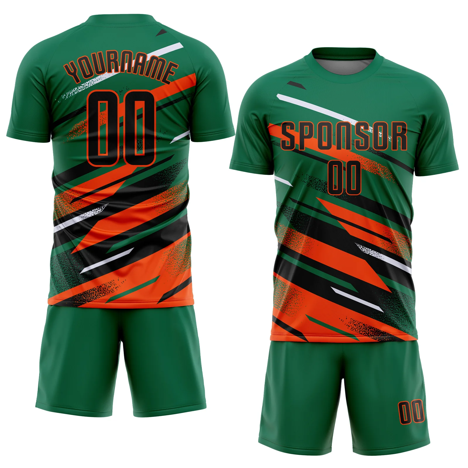 Custom Kelly Green Black Orange-White Grunge Stripe And Grainy Sports Sublimation Soccer Uniform Jersey - Image 2