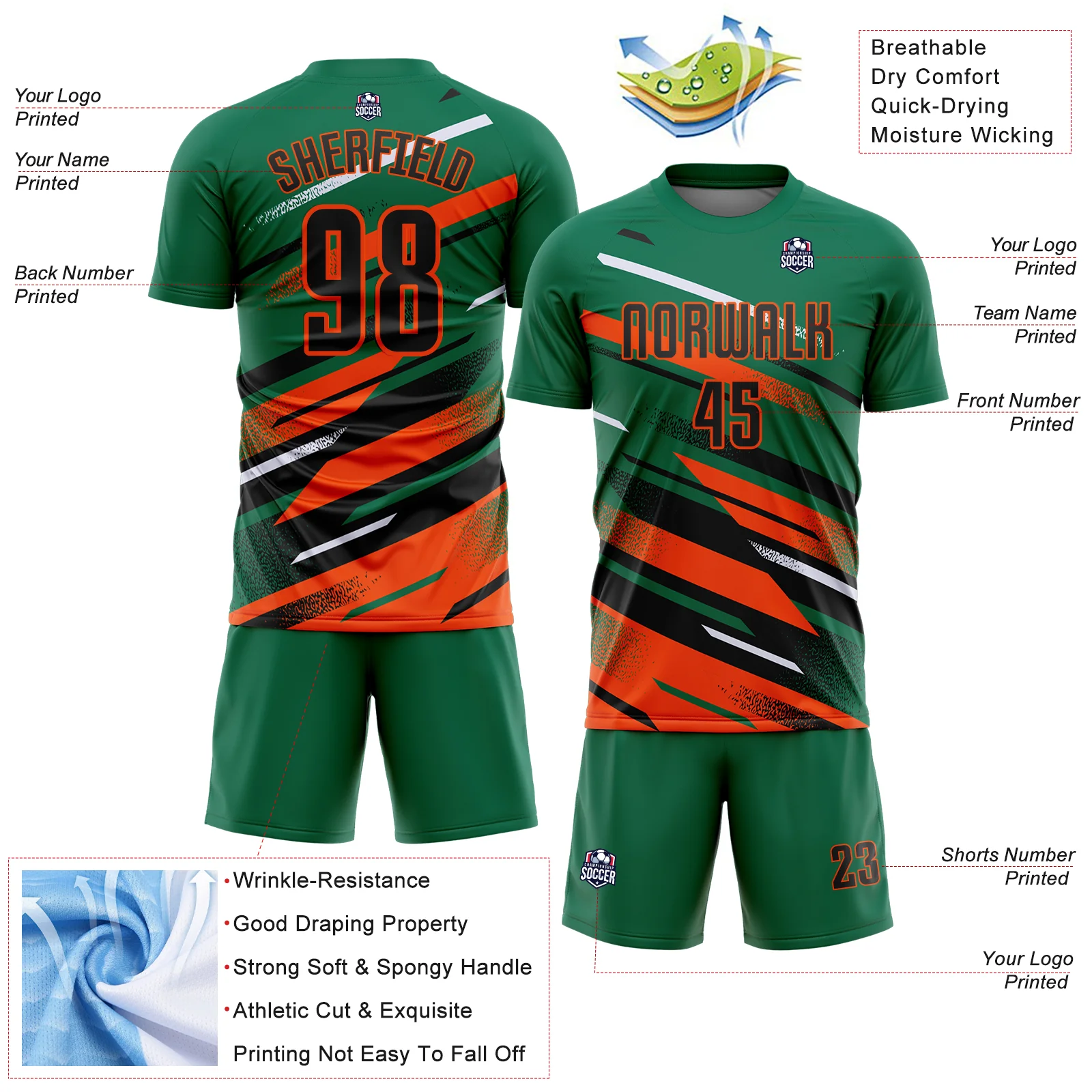 Custom Kelly Green Black Orange-White Grunge Stripe And Grainy Sports Sublimation Soccer Uniform Jersey - Image 4