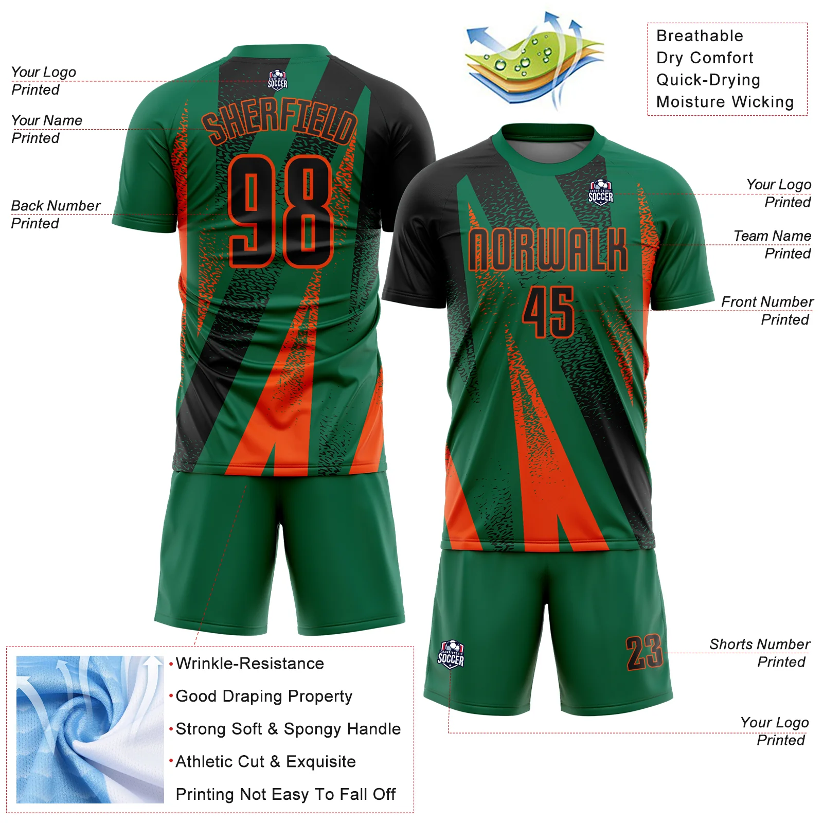 Custom Kelly Green Black-Orange Radial Burst Sports Sublimation Soccer Uniform Jersey - Image 4
